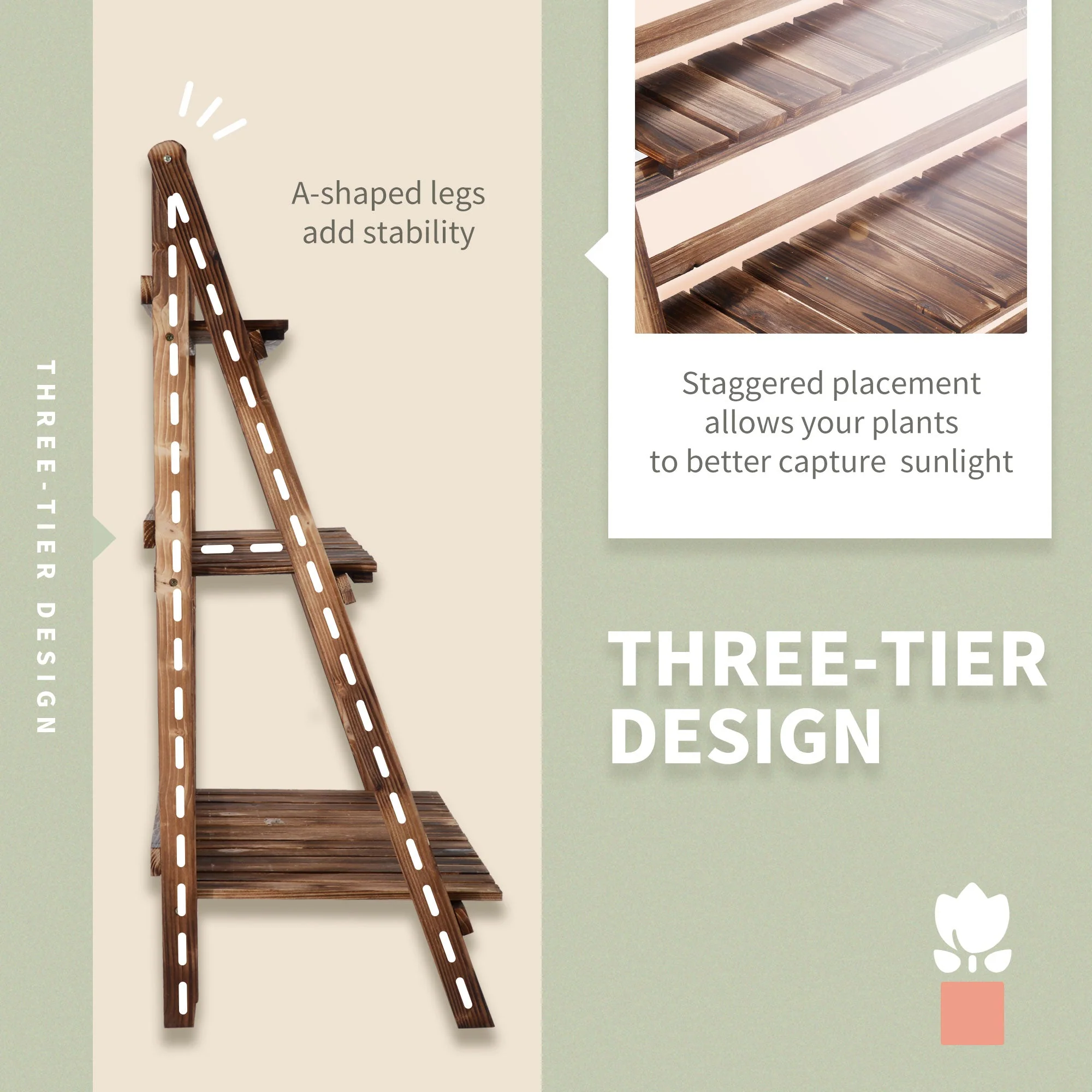 Outsunny 3 Tier Flower Stand Wood Folding Planter Ladder Display Shelf Rack For Garden Outdoor Backyard 100Lx37Wx93H(cm) - Image 5