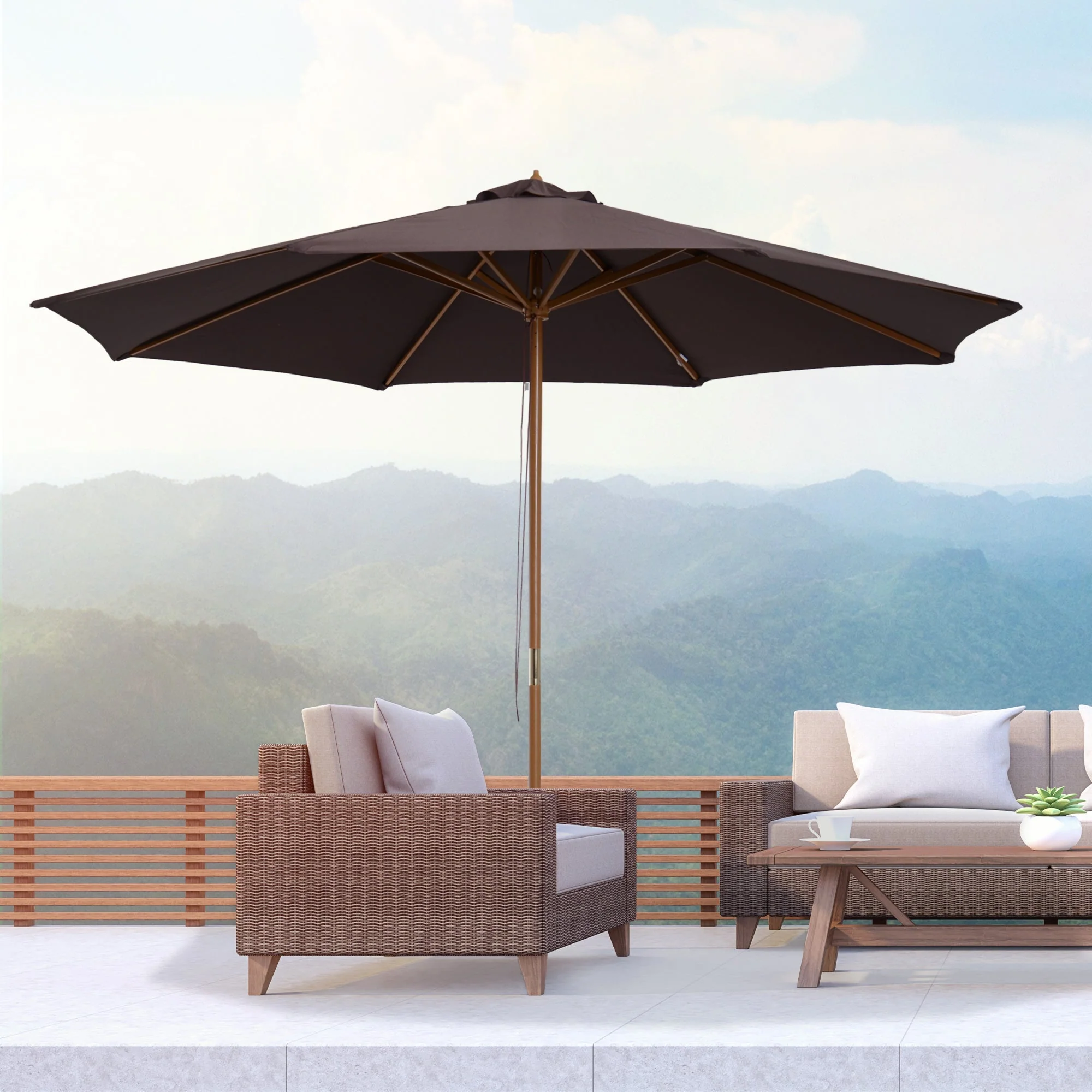 Outsunny 3(M) Fir Wooden Parasol Garden Umbrellas 8 Ribs Bamboo Sun Shade Patio Outdoor Umbrella Canopy Coffee - Image 2