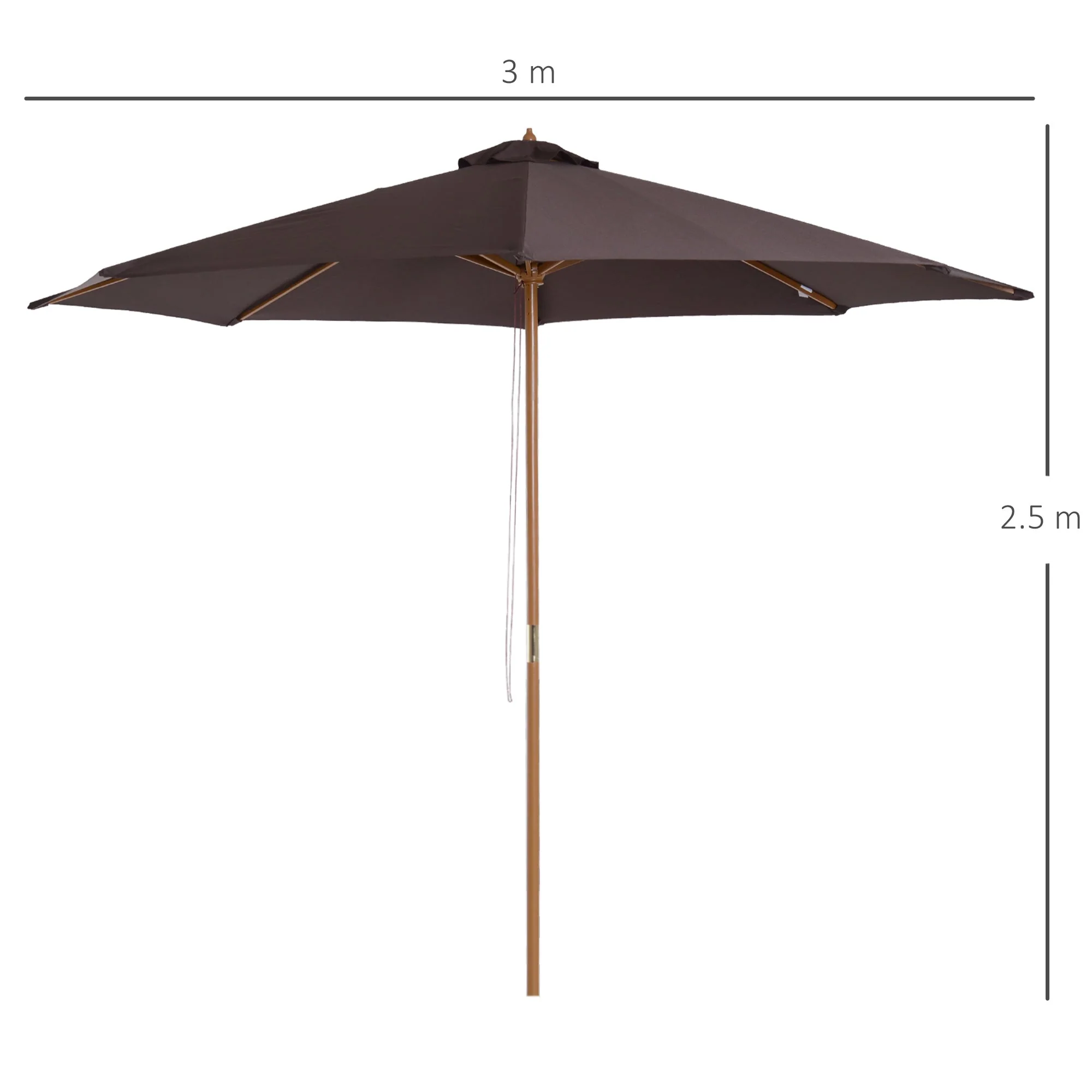 Outsunny 3(M) Fir Wooden Parasol Garden Umbrellas 8 Ribs Bamboo Sun Shade Patio Outdoor Umbrella Canopy Coffee - Image 3