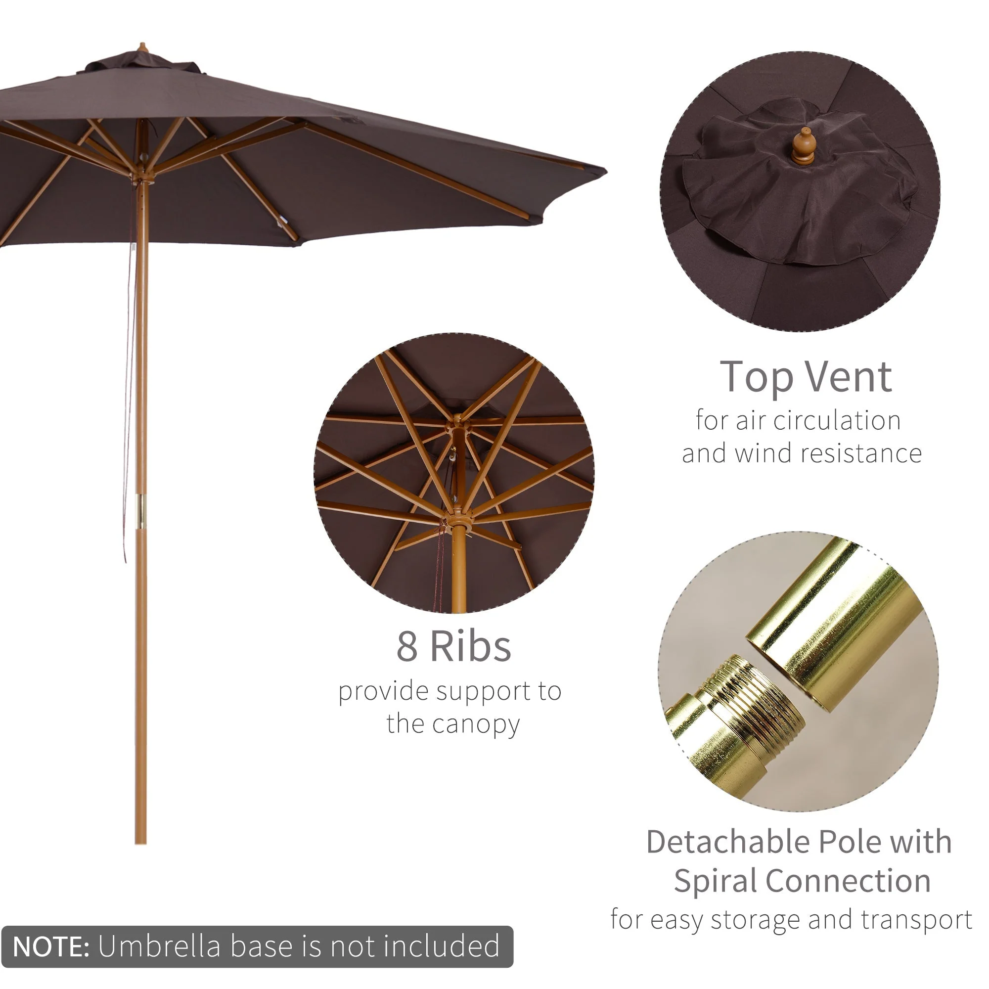 Outsunny 3(M) Fir Wooden Parasol Garden Umbrellas 8 Ribs Bamboo Sun Shade Patio Outdoor Umbrella Canopy Coffee - Image 4