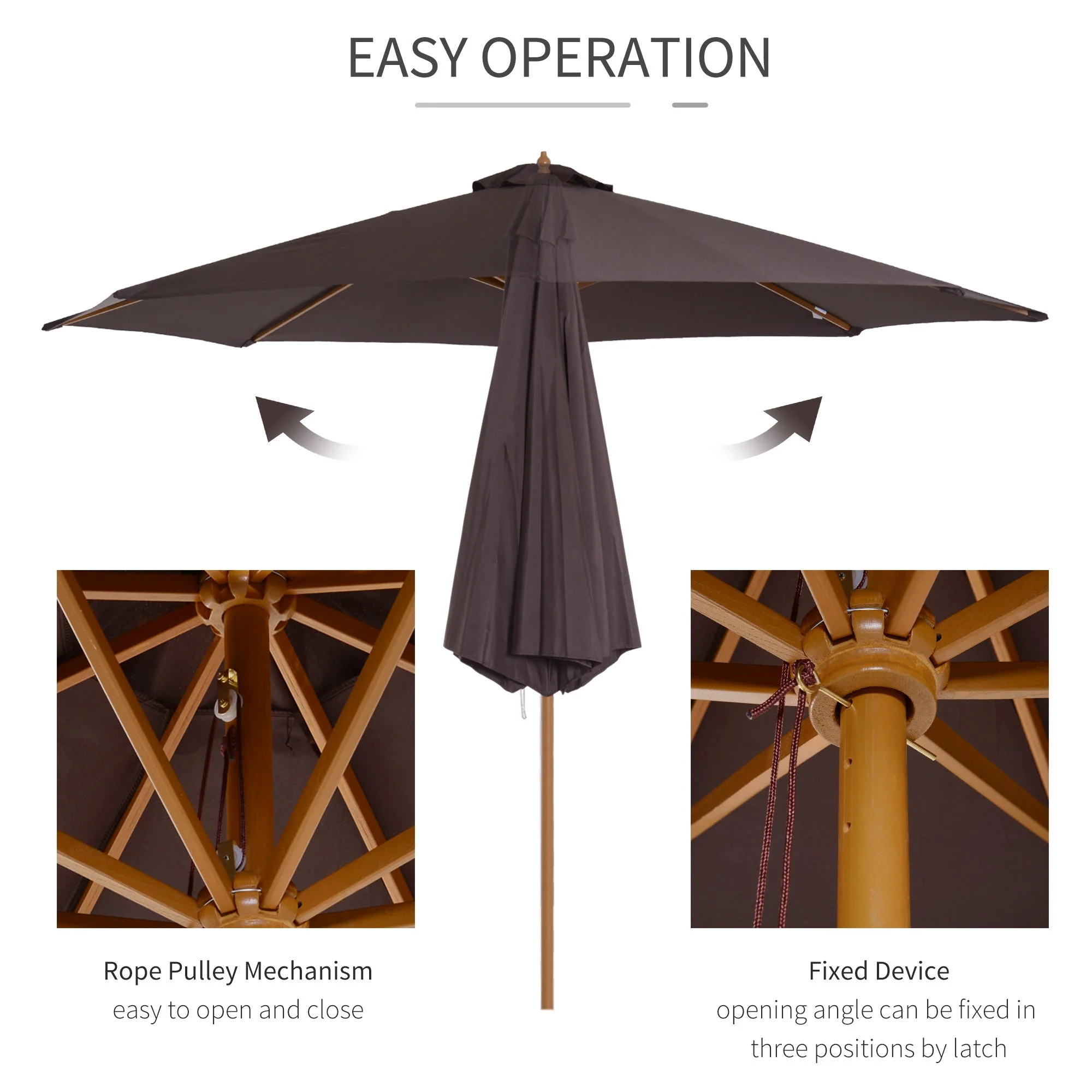 Outsunny 3(M) Fir Wooden Parasol Garden Umbrellas 8 Ribs Bamboo Sun Shade Patio Outdoor Umbrella Canopy Coffee - Image 5