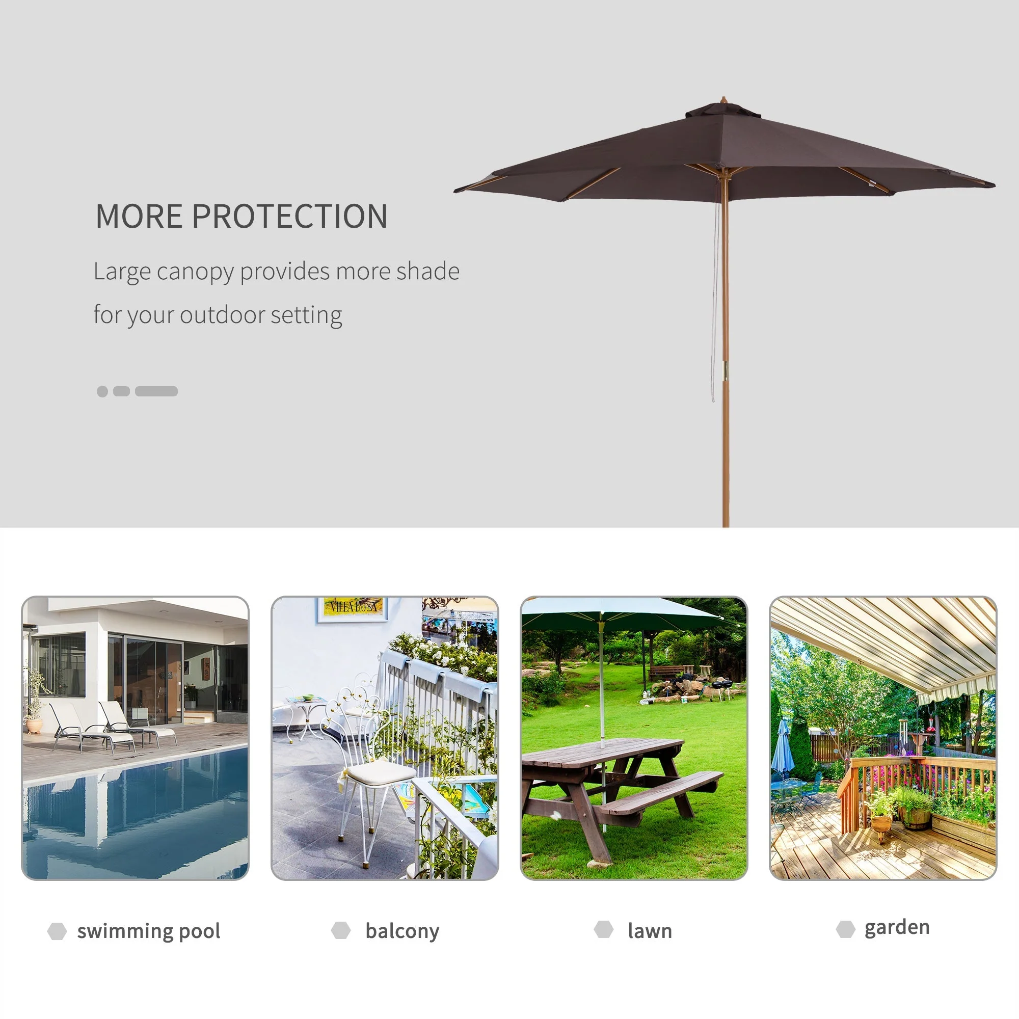 Outsunny 3(M) Fir Wooden Parasol Garden Umbrellas 8 Ribs Bamboo Sun Shade Patio Outdoor Umbrella Canopy Coffee - Image 6