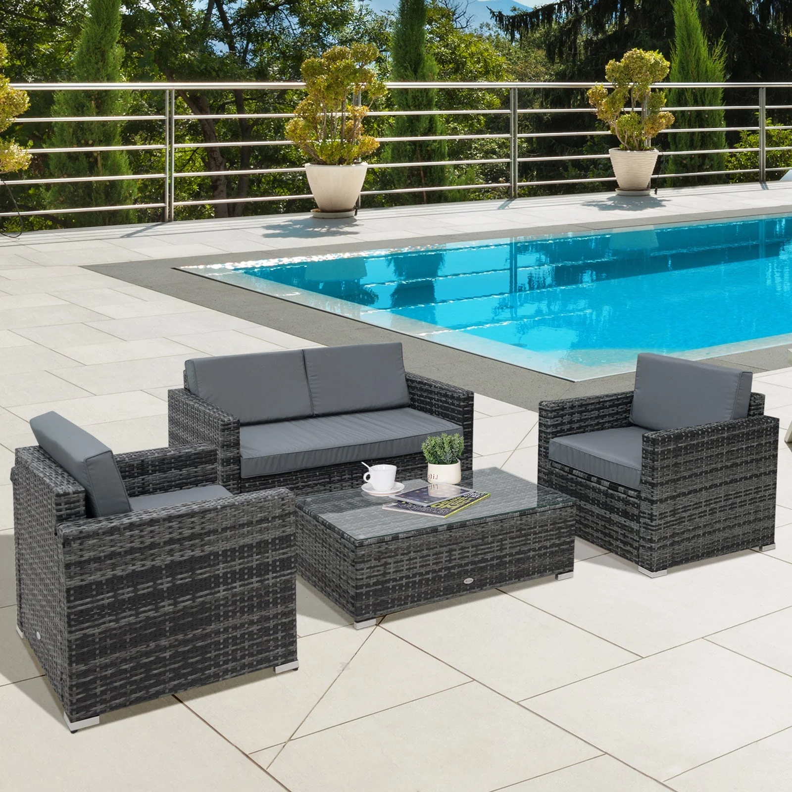 Outsunny 4 Pieces Wicker Steel Rattan Sofa Set Garden Chair Seat Furniture Patio Grey - Image 2