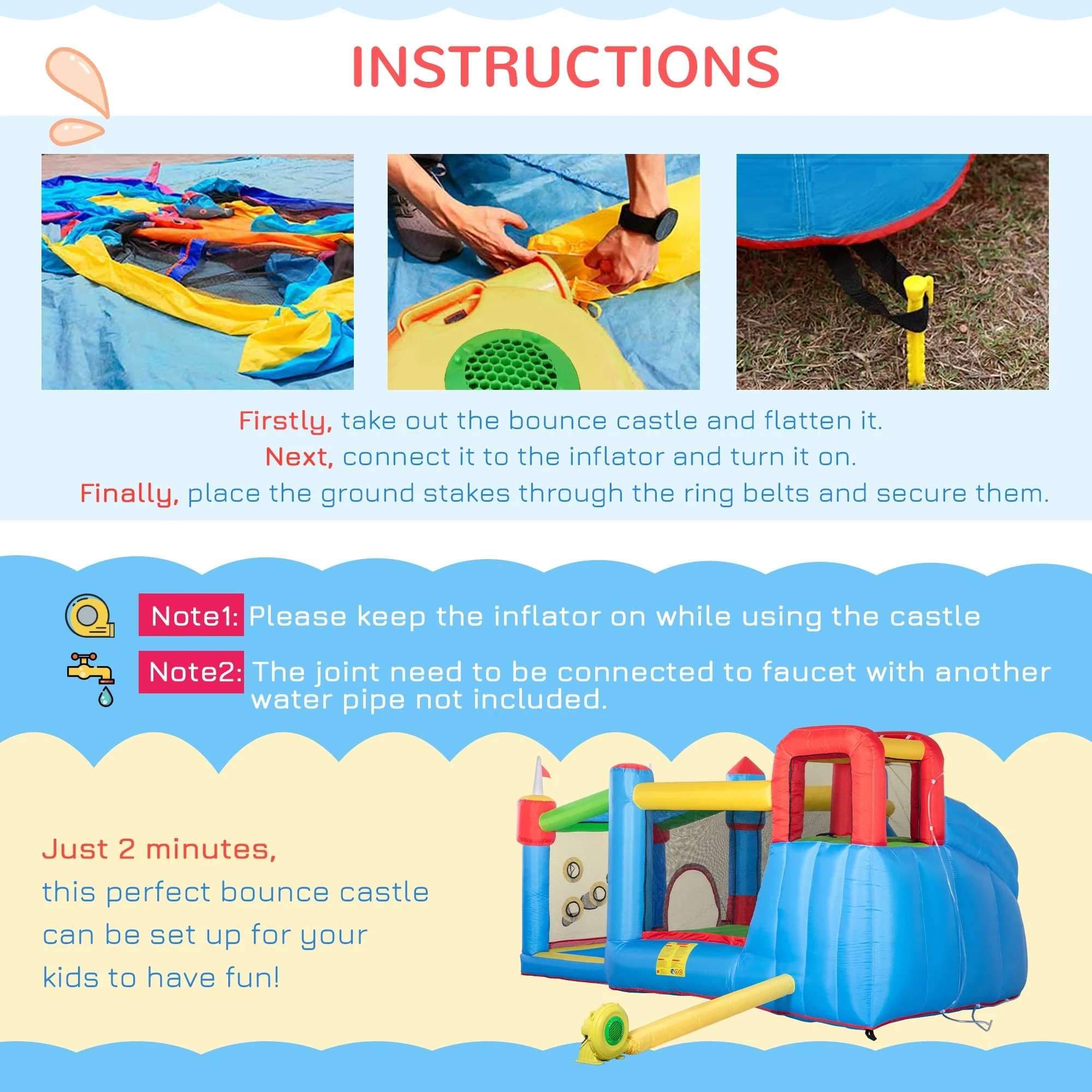 Outsunny 5 in 1 Kids Bounce Castle Large Castle Style Inflatable House Slide Trampoline Pool Water Gun Climbing Wall with Inflator Carrybag Patches for Kids Age 3-8 - Image 6