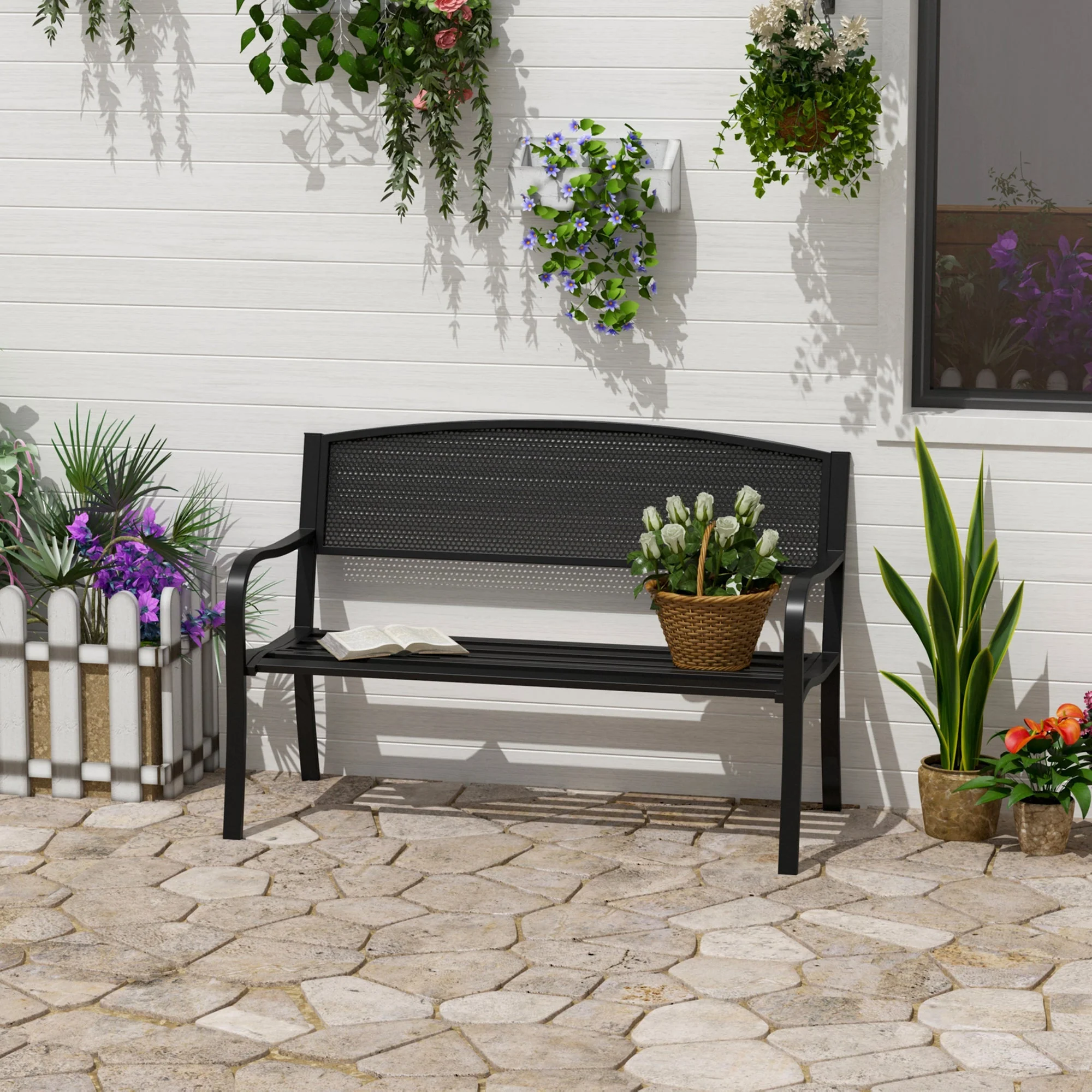 Outsunny Garden Bench Furniture Patio Park 2 Person Chair Seat Steel Black 120cm Outdoor - Image 2