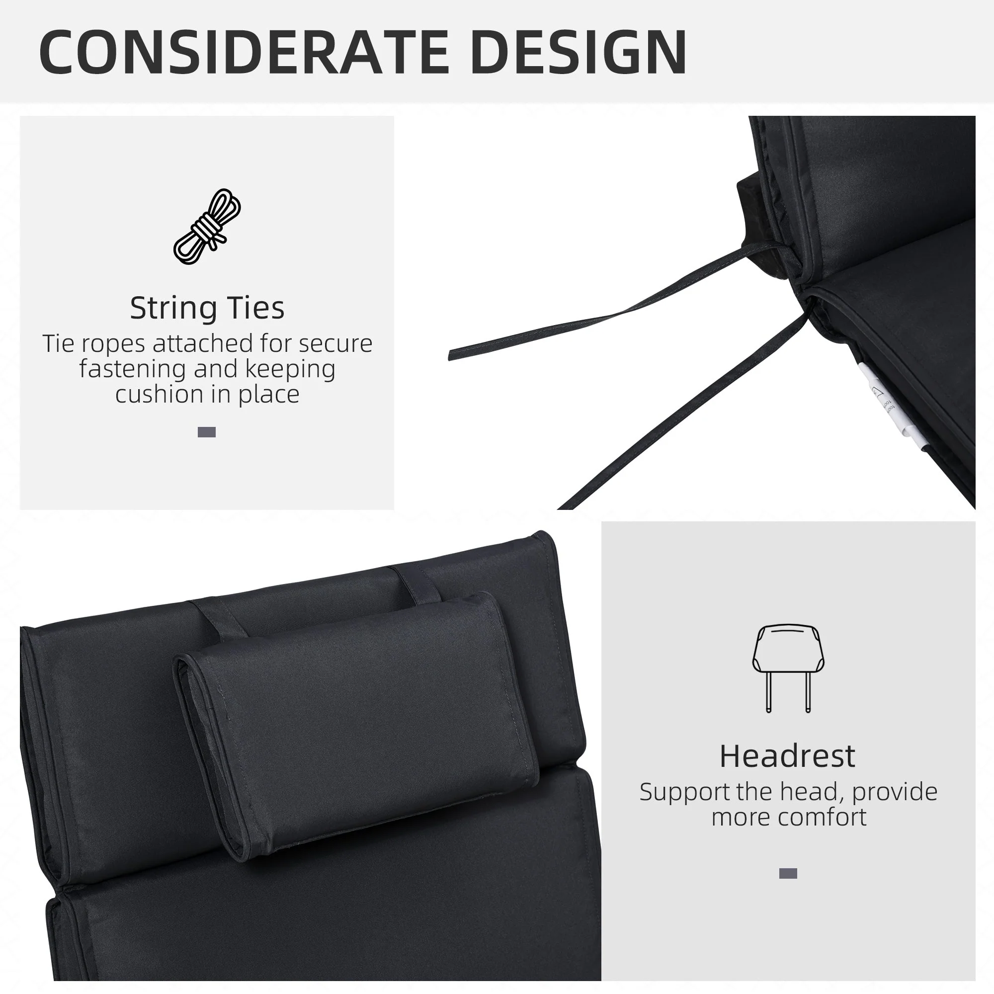 Outsunny Garden Sun Lounger Cushion Replacement Thick Sunbed Reclining Chair Relaxer Pad With Pillow - Black - Image 5