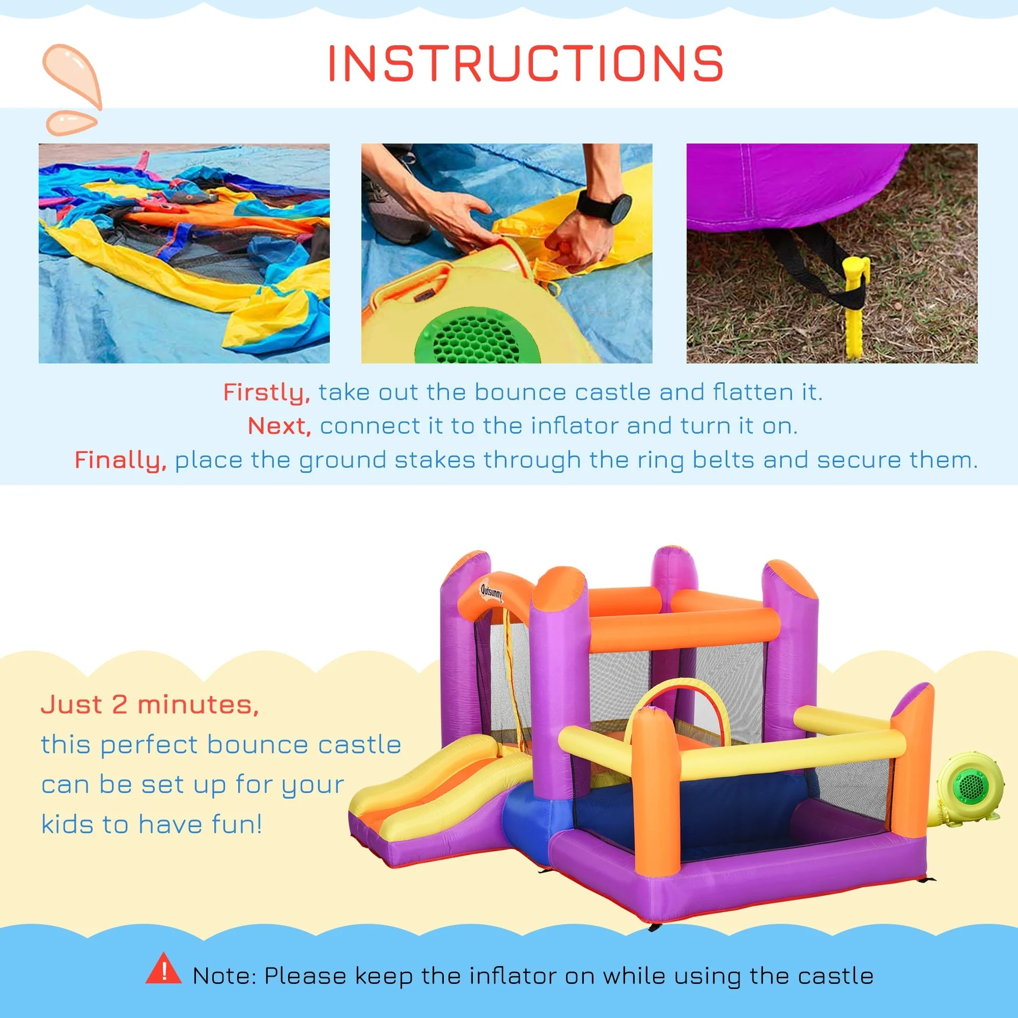 Outsunny Kids Bouncy Castle House Inflatable Trampoline Slide Water Pool 3 In 1 With Blower For Kids Age 3-8 Multi-Color 2.8 X 2.5 X 1.7M - Image 5