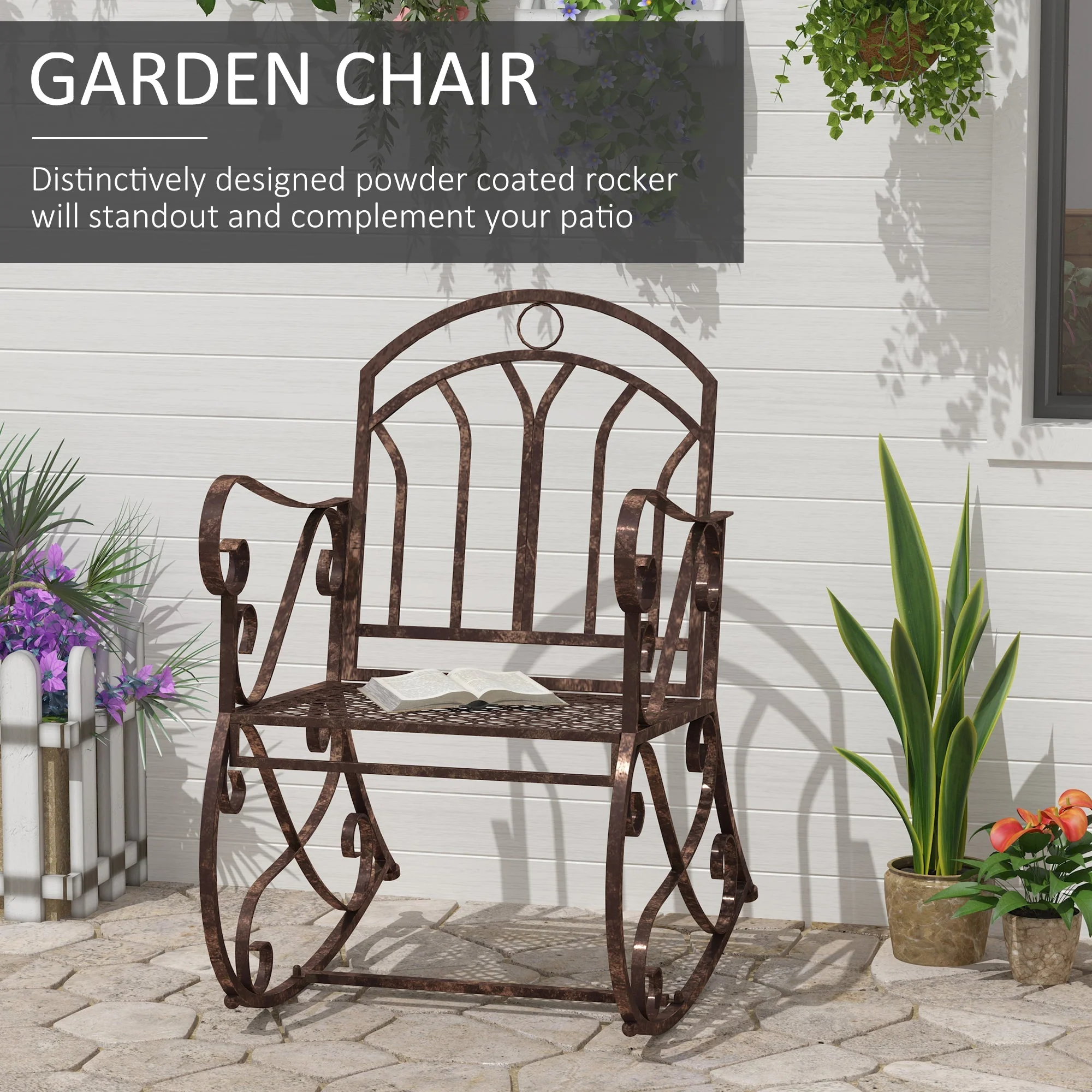 Outsunny Metal Single Chair 1 Seater Garden Outdoor Rocking Chair Vintage Style Bronze - Image 4