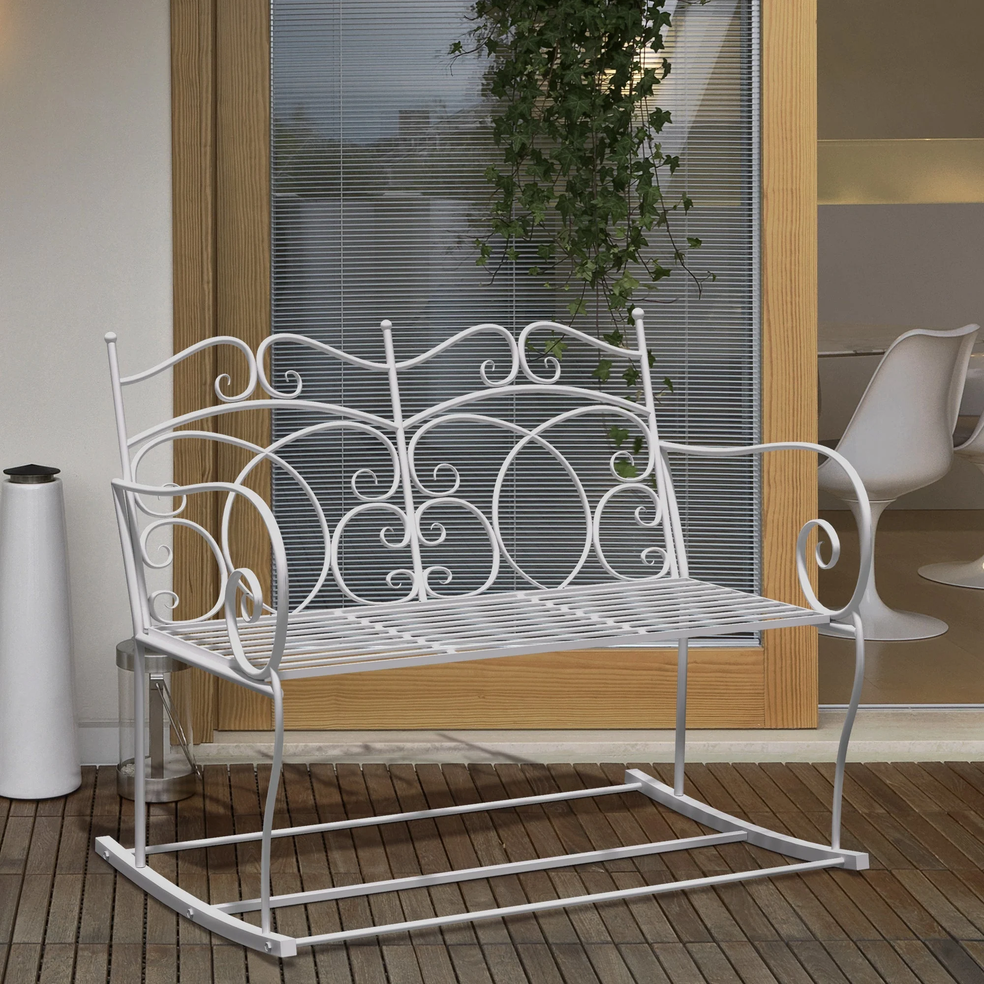 Outsunny Patio 2 Seater Rocking Bench Steel Garden Outdoor Garden Loveseat Chair With Decorative Backrest White - Image 2