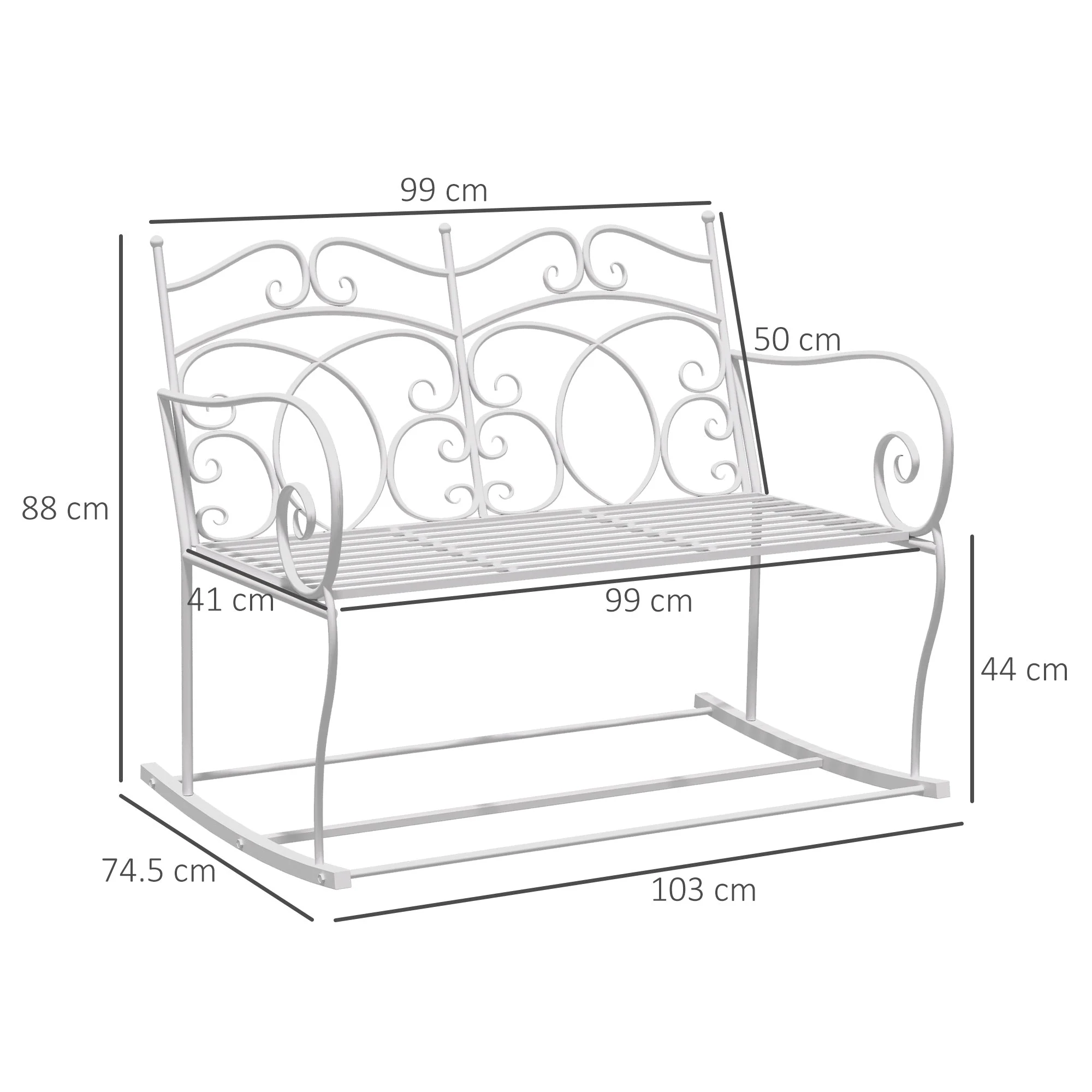 Outsunny Patio 2 Seater Rocking Bench Steel Garden Outdoor Garden Loveseat Chair With Decorative Backrest White - Image 3