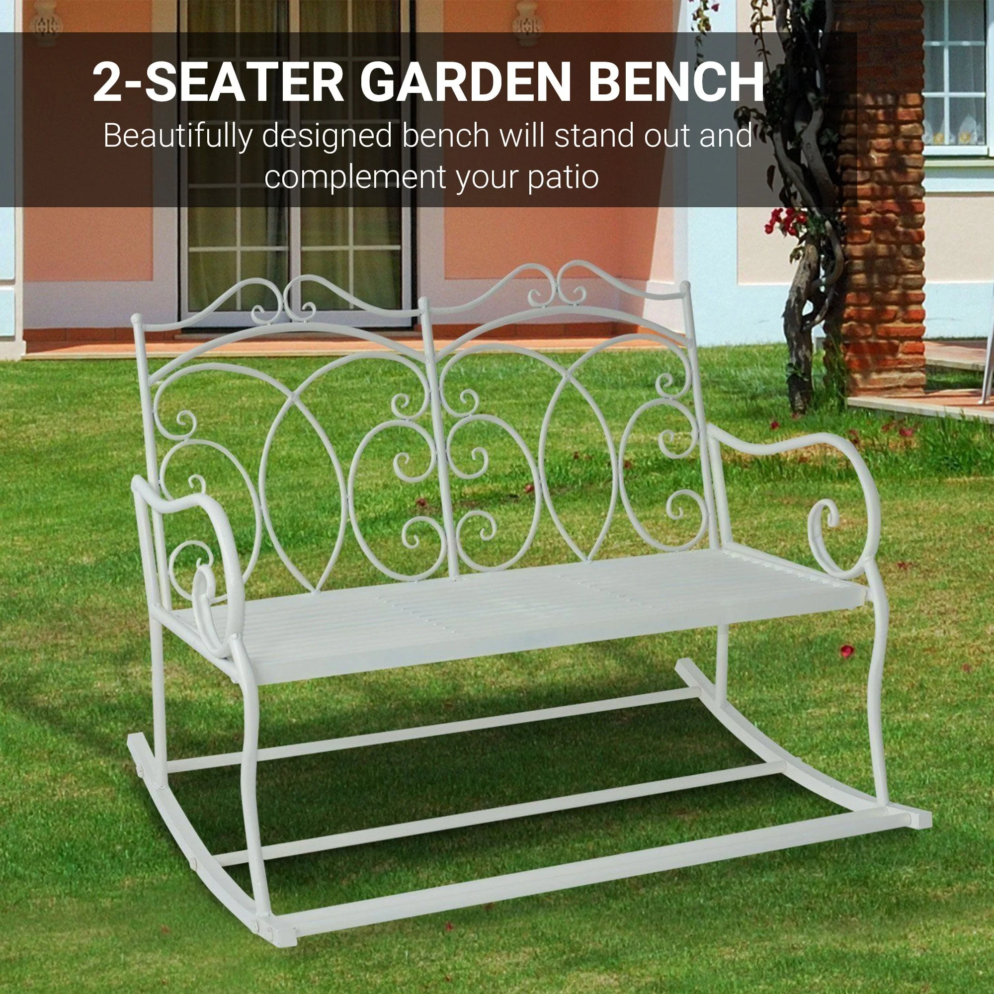 Outsunny Patio 2 Seater Rocking Bench Steel Garden Outdoor Garden Loveseat Chair With Decorative Backrest White - Image 5
