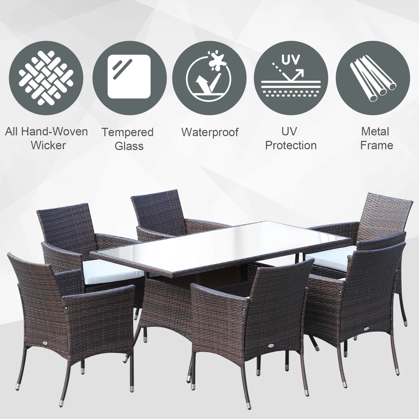 Outsunny Rattan Garden Furniture Dining Set 6-Seater Patio Rectangular Table Cube Chairs Outdoor Fire Retardant Sponge Brown - Image 4