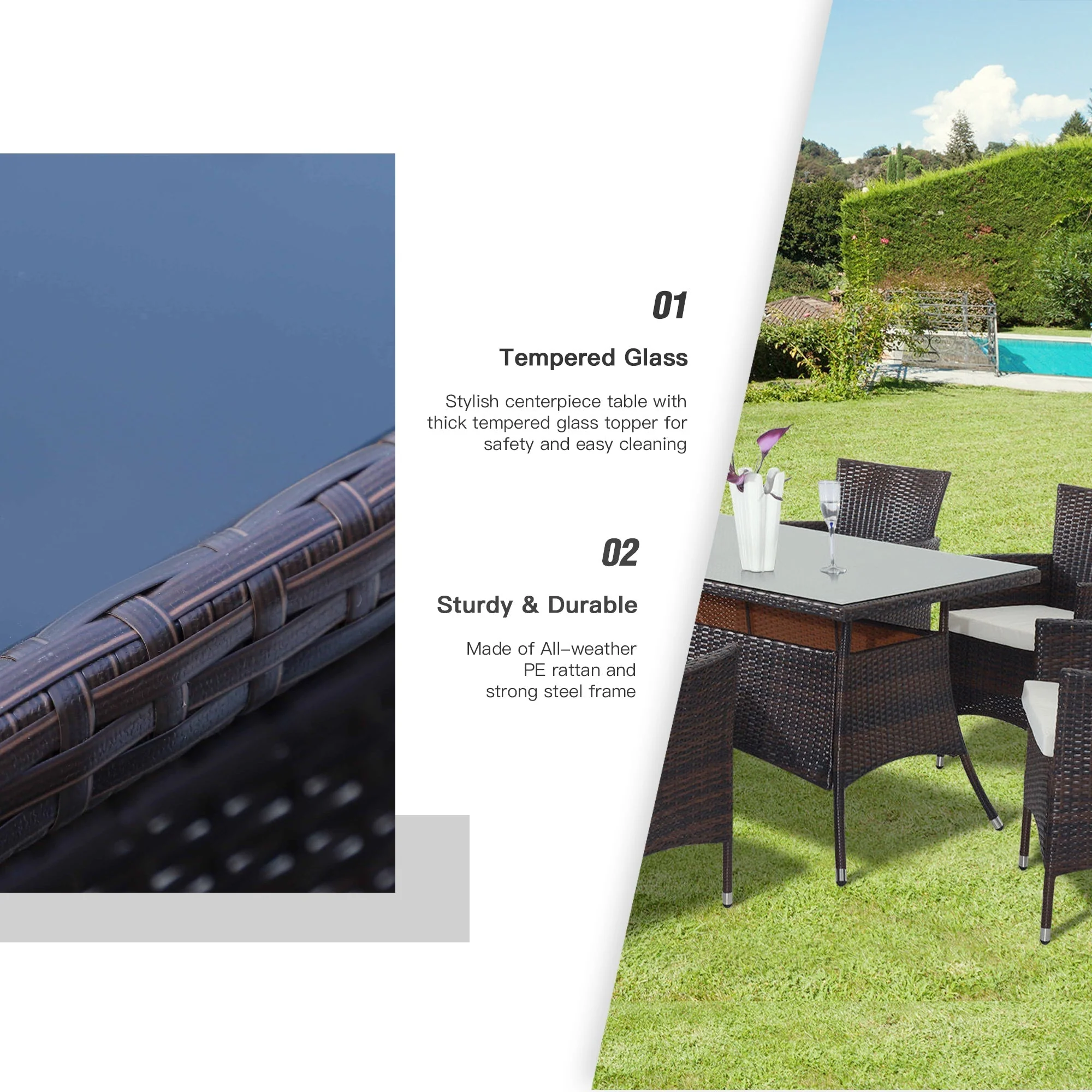 Outsunny Rattan Garden Furniture Dining Set 6-Seater Patio Rectangular Table Cube Chairs Outdoor Fire Retardant Sponge Brown - Image 6