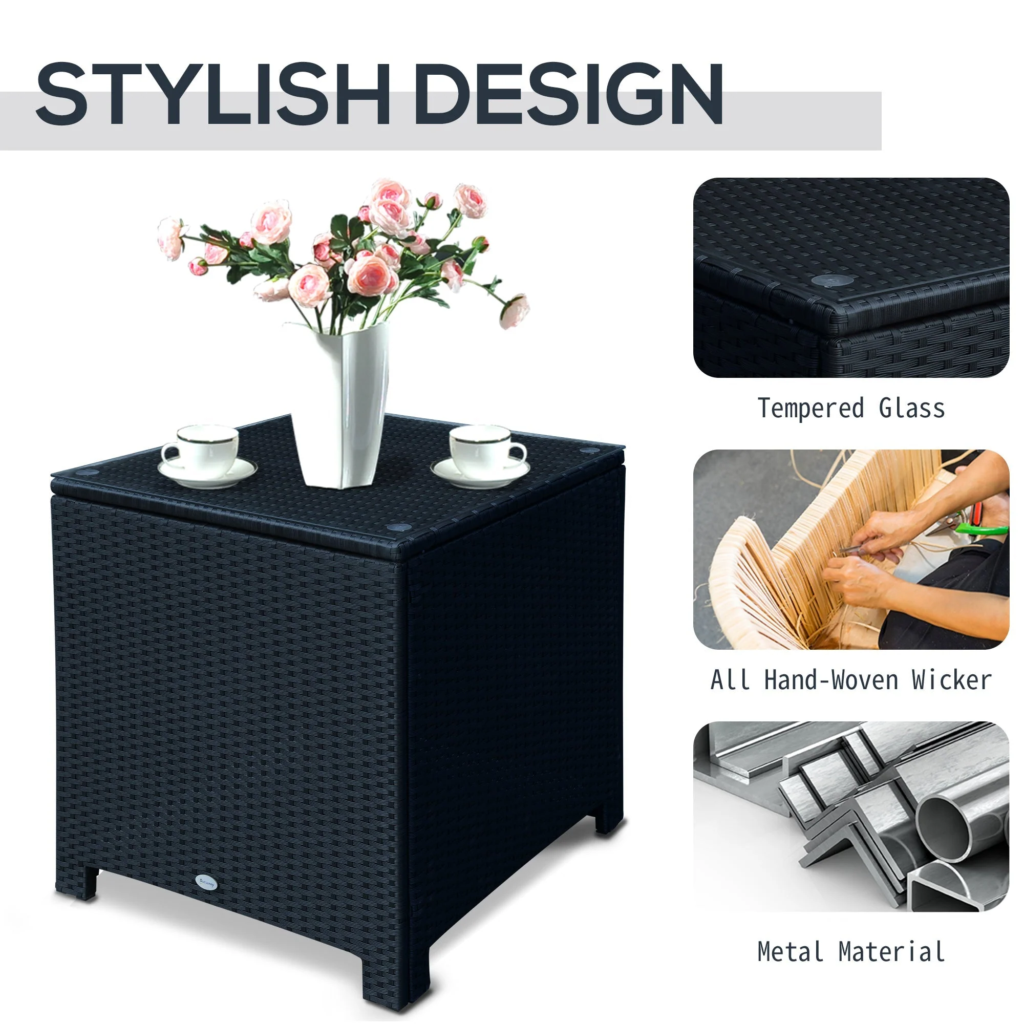 Outsunny Rattan Garden Furniture Side Table Patio Frame Tempered Glass New -Black - Image 4