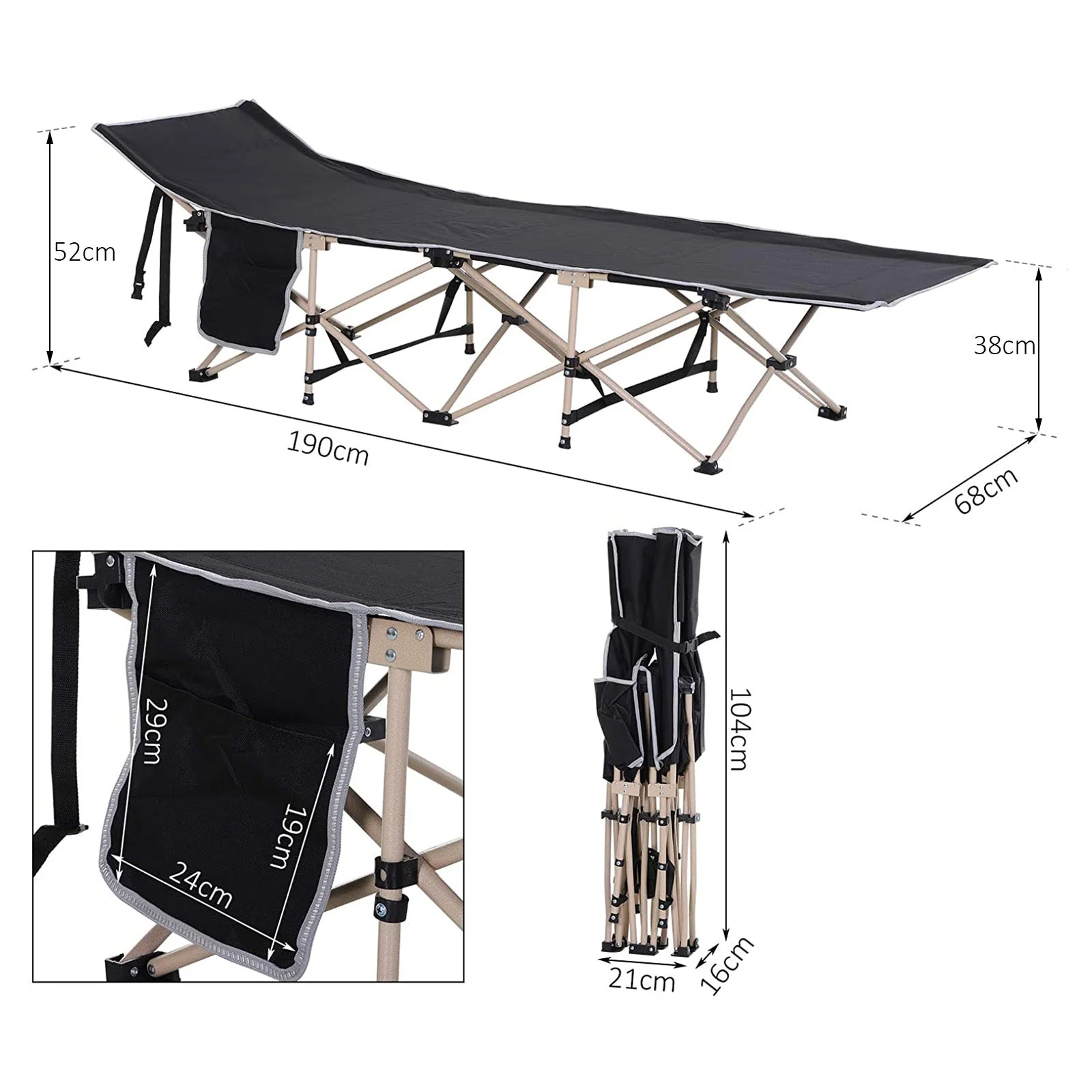 Outsunny Single Person Camping Bed Folding Cot Outdoor Patio Portable Military Sleeping Bed Travel Guest Leisure Fishing With Side Pocket And Carry Bag - Black - Image 3