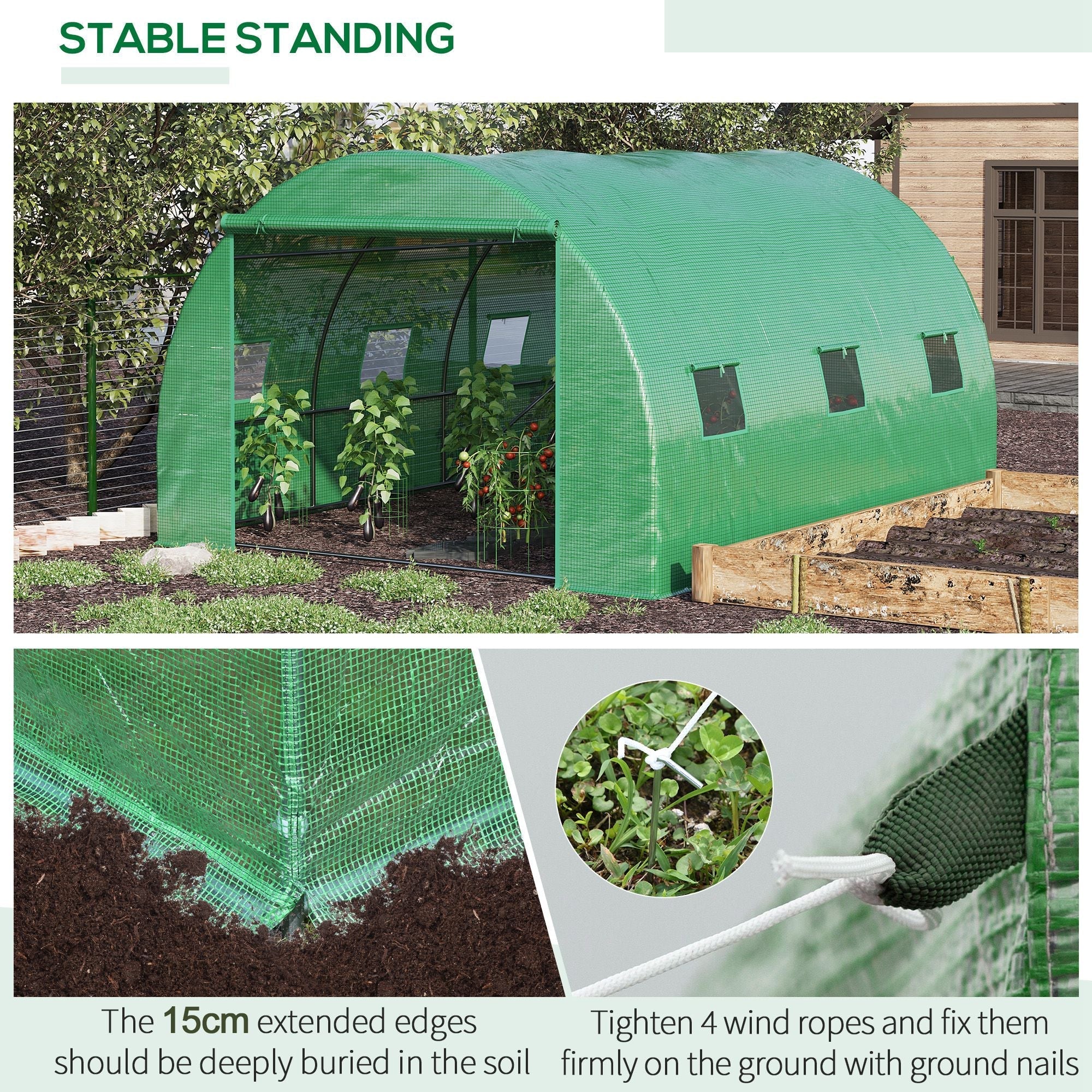 Outsunny Walk-In Tunnel Greenhouse With Pe Cover Zipper Door & Roll Up Window Green - Image 5