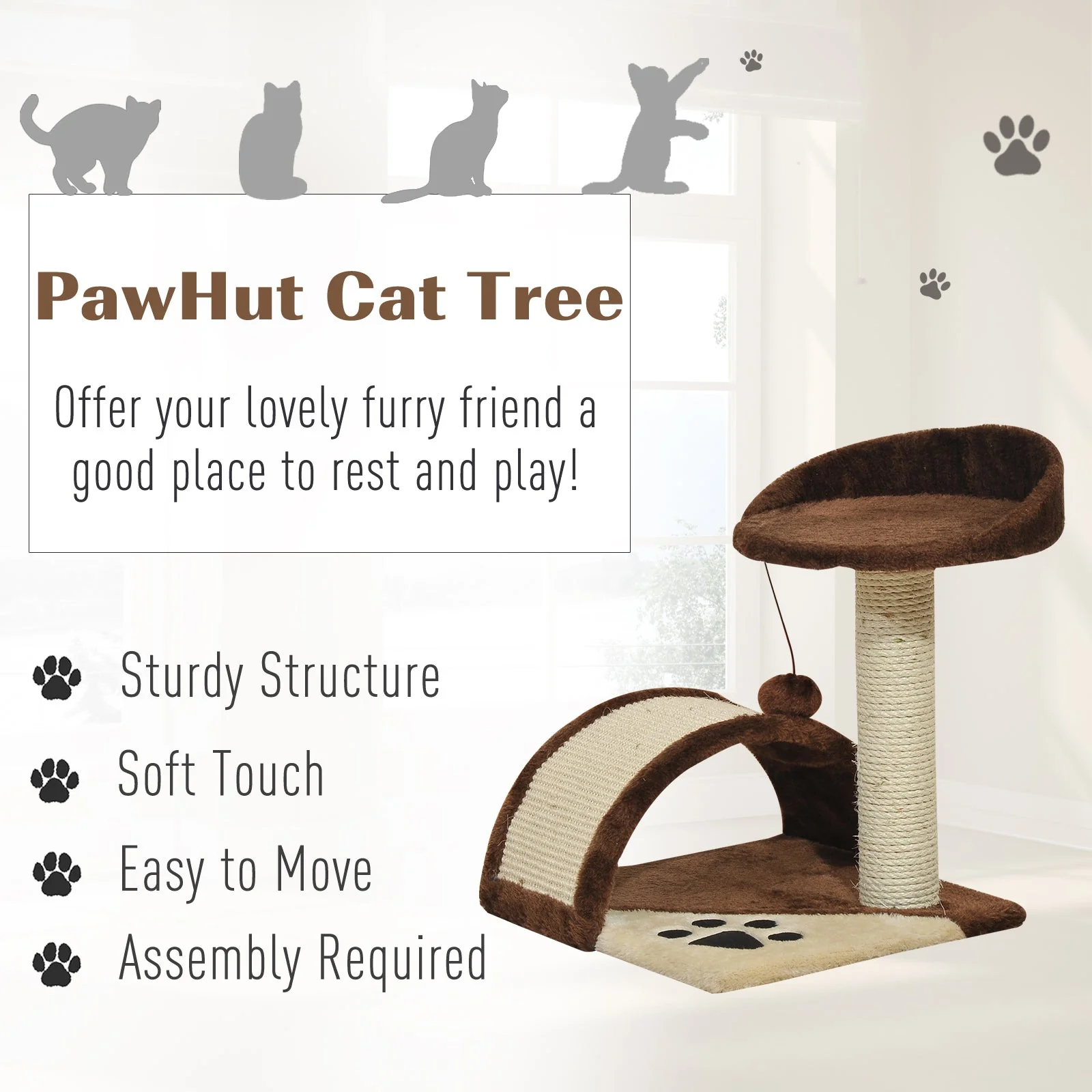 PawHut 2-Tier Cat Tree Scratching Post with Dangle Toy Brown - Image 5