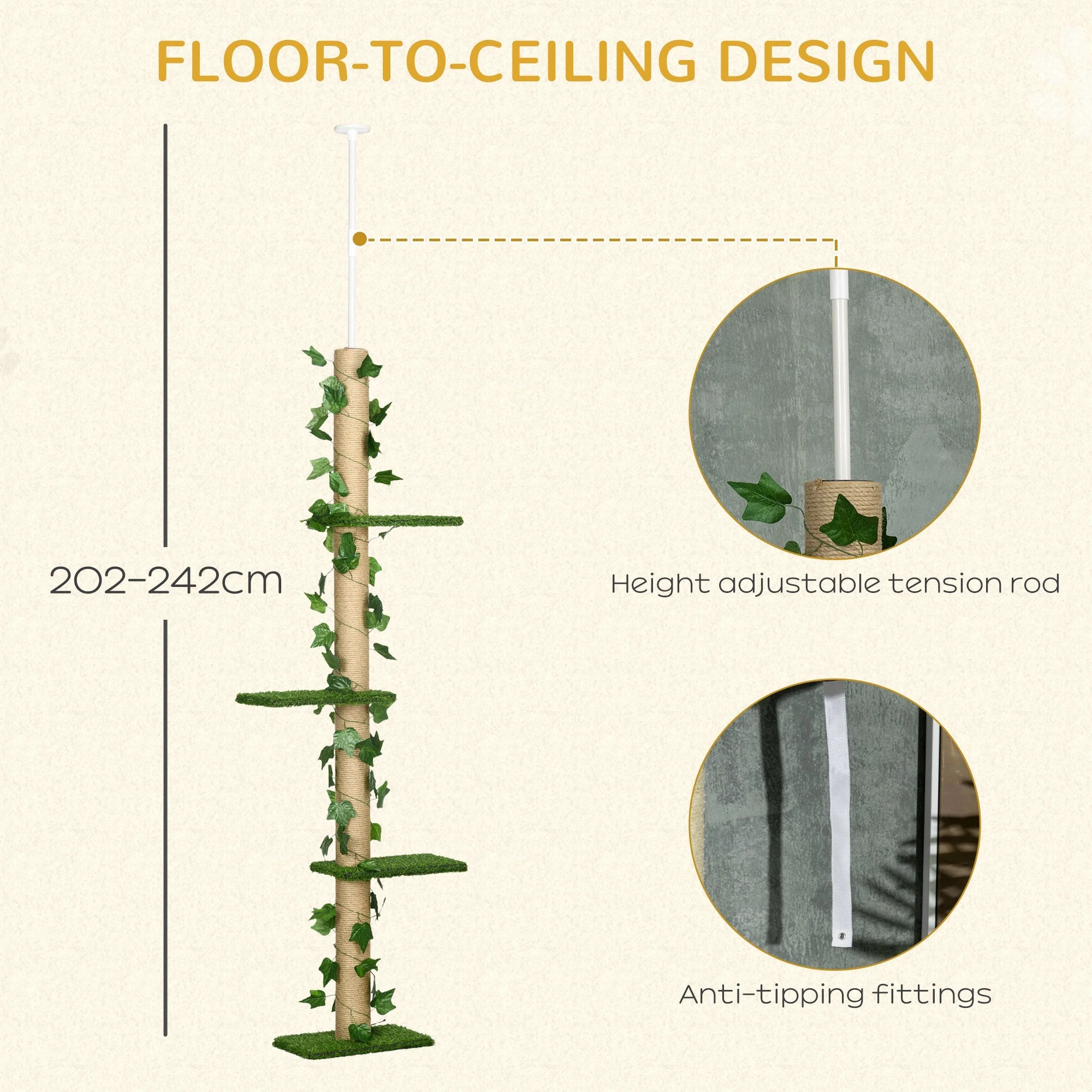 PawHut 242cm Adjustable Floor-To-Ceiling Cat Tree - Image 5