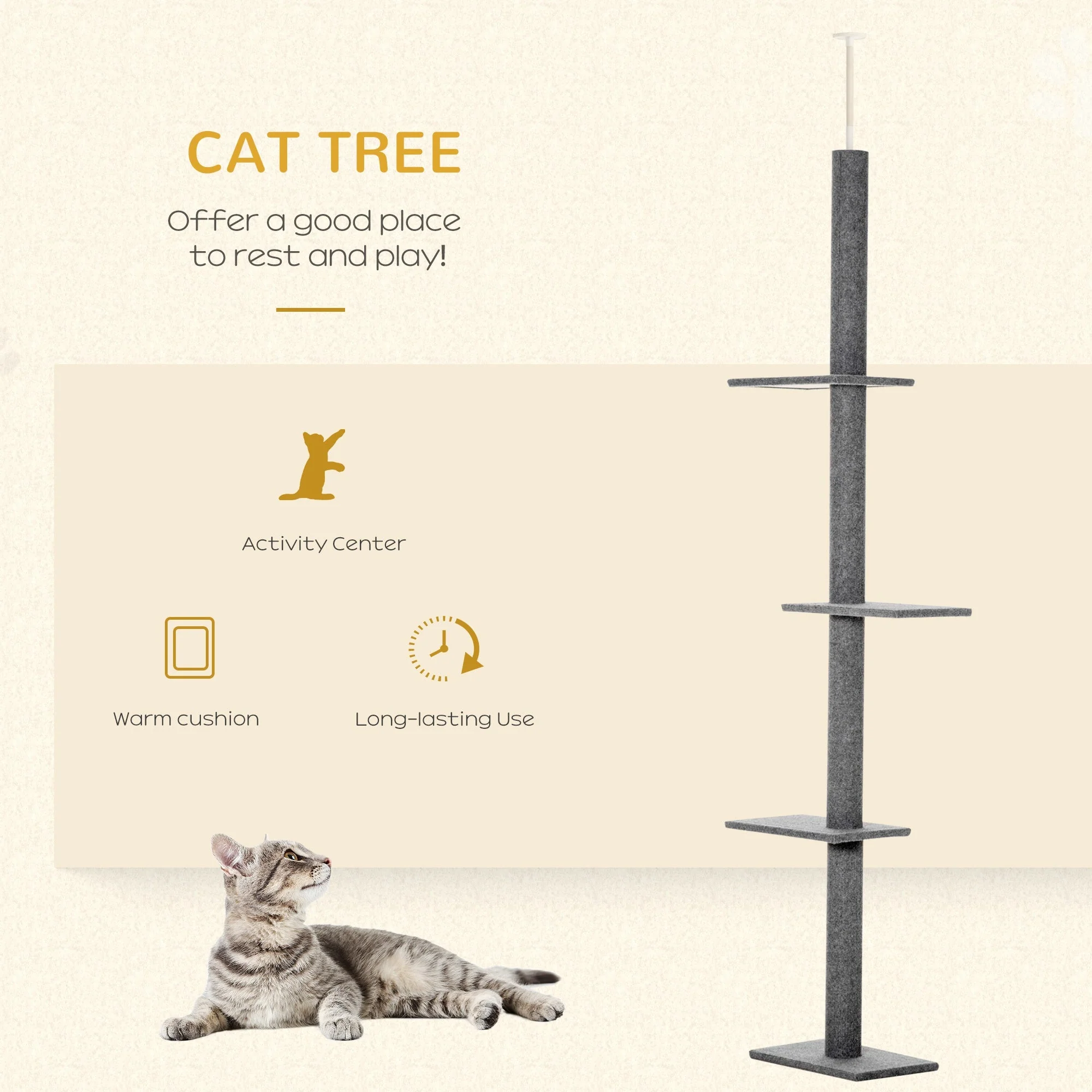 PawHut 260cm Floor To Ceiling Cat Tree Activity Center w/3 Perches Kitten Grey - Image 4