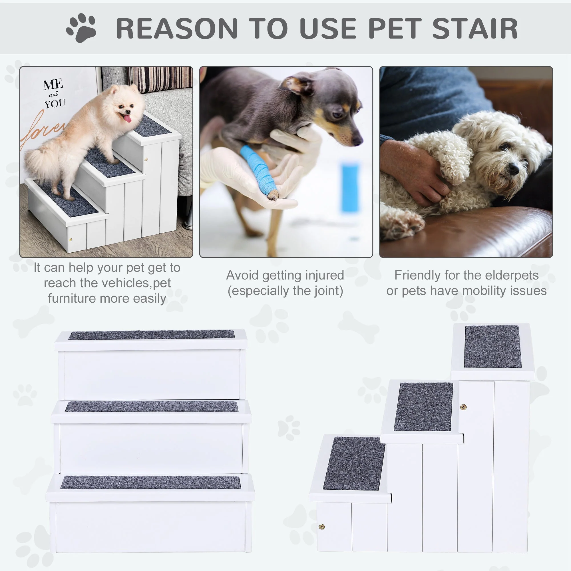 PawHut 3 Step Wooden Dog Steps Pet Stairs for Dogs - Image 5