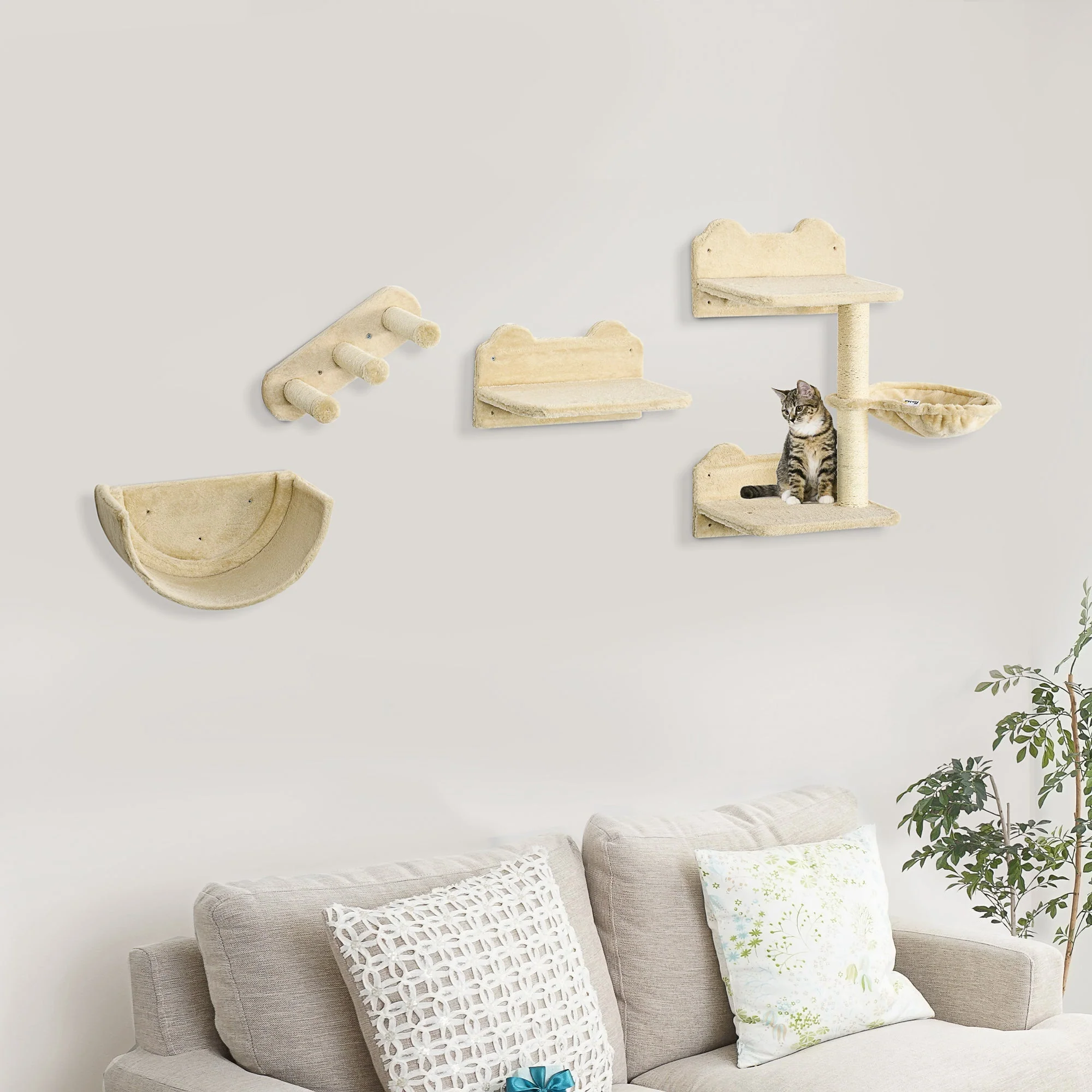 PawHut 4PCs Wall-Mounted Cat Shelves w/ Scratching Post - Image 4