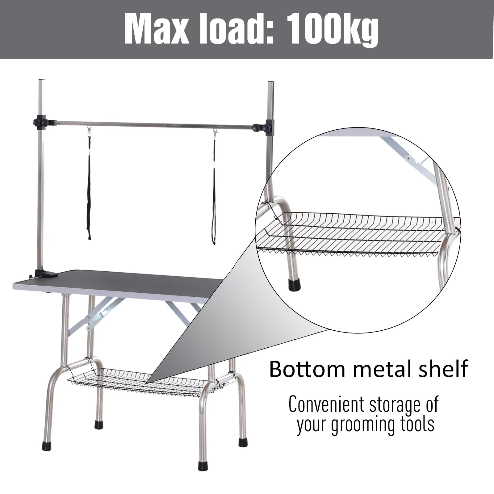 Pawhut Adjustable Dog Grooming Table Rubber Top 2 Safety Slings Mesh Storage Basket Heavy Metal Black 107 X 60 X 170cm - Image 4