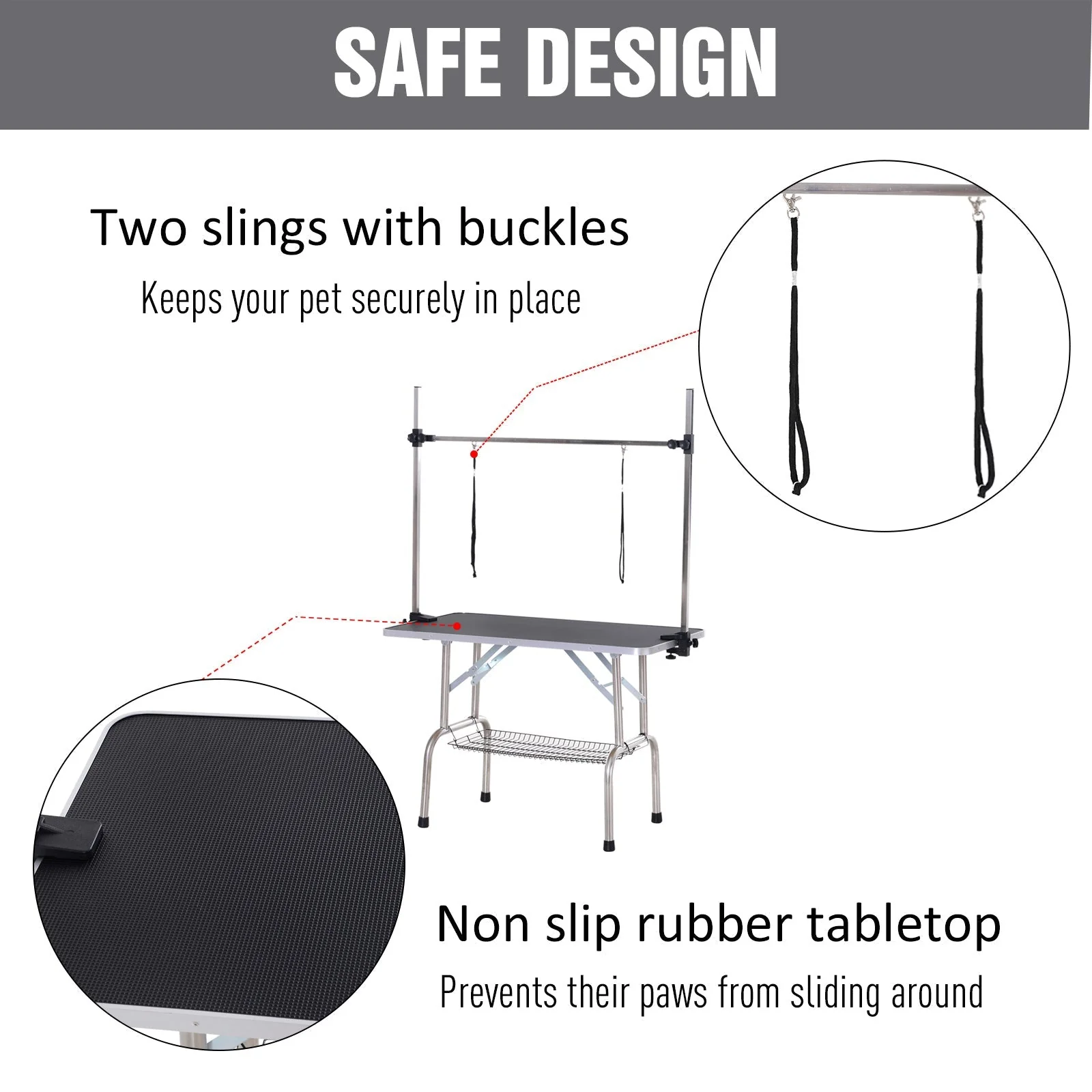 Pawhut Adjustable Dog Grooming Table Rubber Top 2 Safety Slings Mesh Storage Basket Heavy Metal Black 107 X 60 X 170cm - Image 5