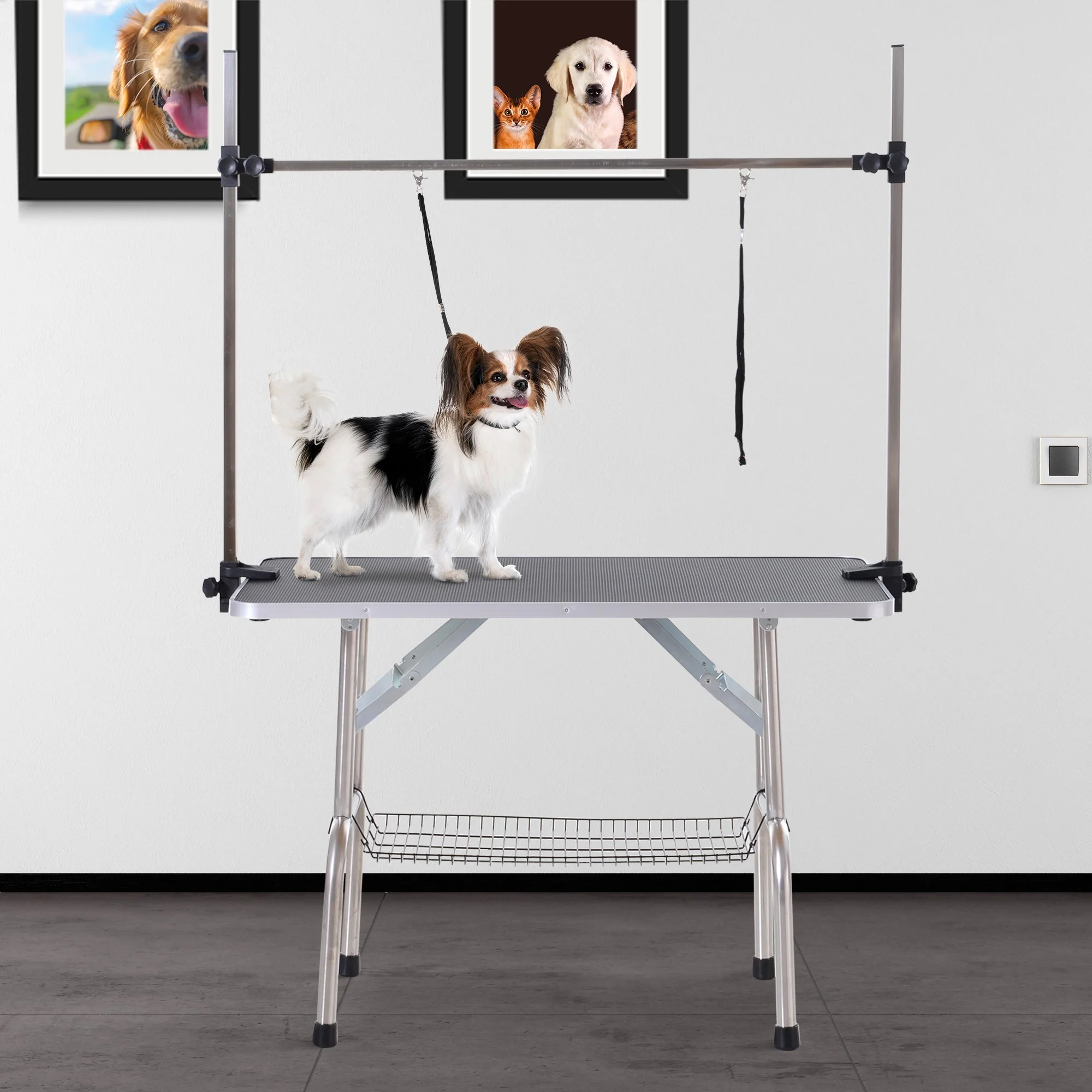 Pawhut Adjustable Dog Grooming Table Rubber Top 2 Safety Slings Mesh Storage Basket Heavy Metal Black 107 X 60 X 170cm - Image 8