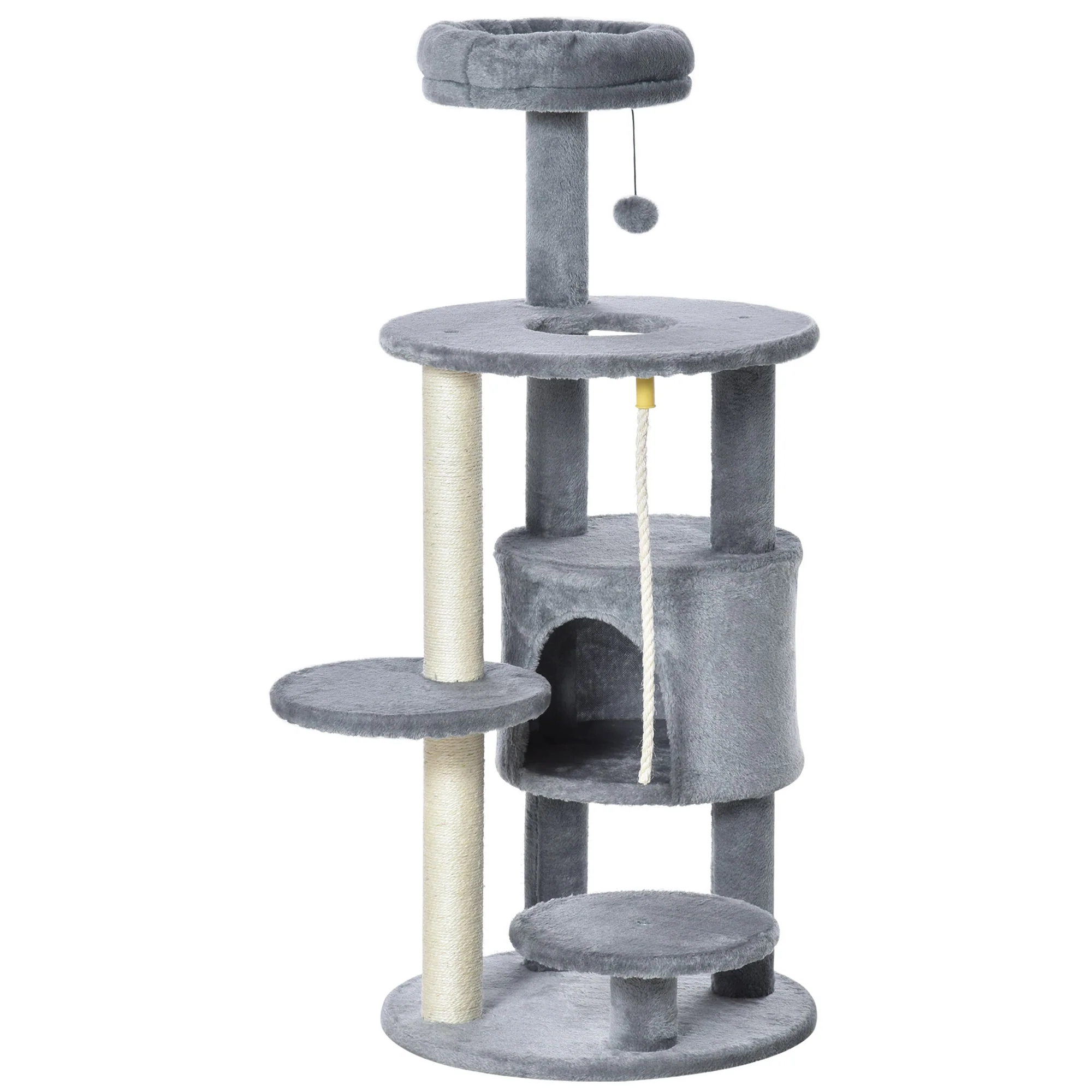 PawHut Cat Tree Tower Activity Center with Hanging Ball Toy Teasing Rope Dark grey - Image 3