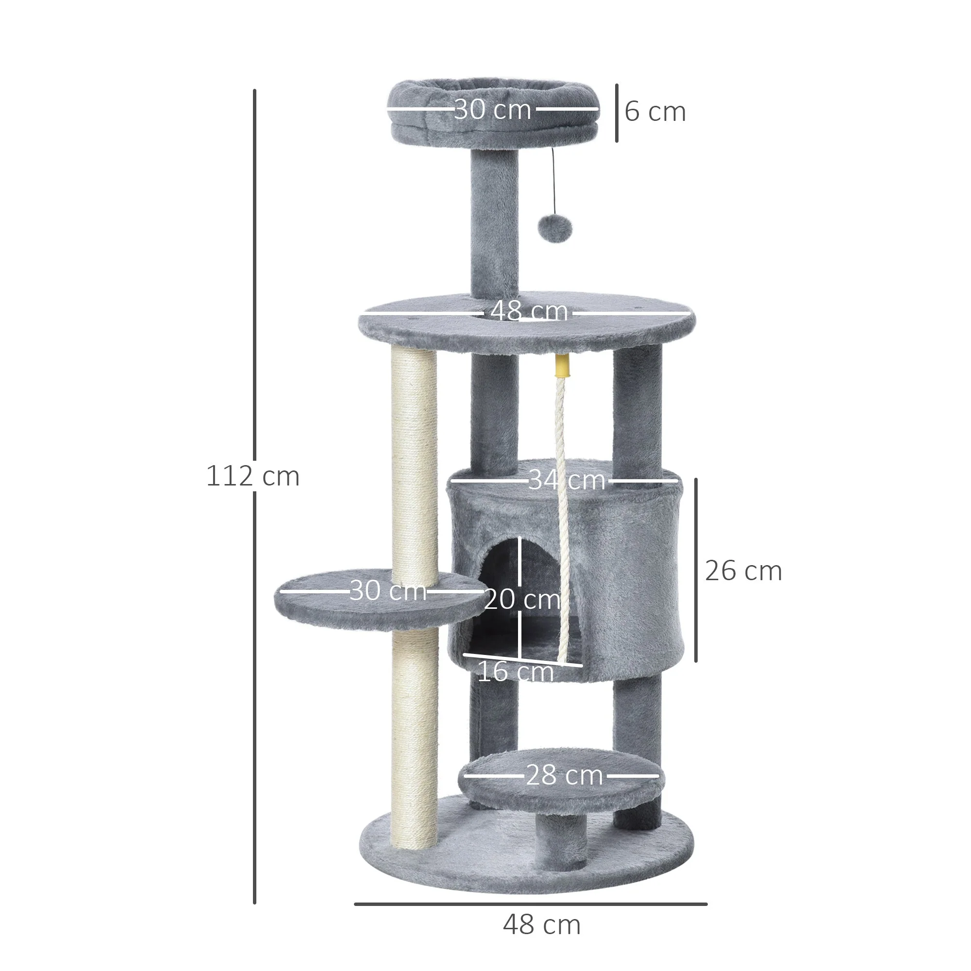 PawHut Cat Tree Tower Activity Center with Hanging Ball Toy Teasing Rope Dark grey - Image 4