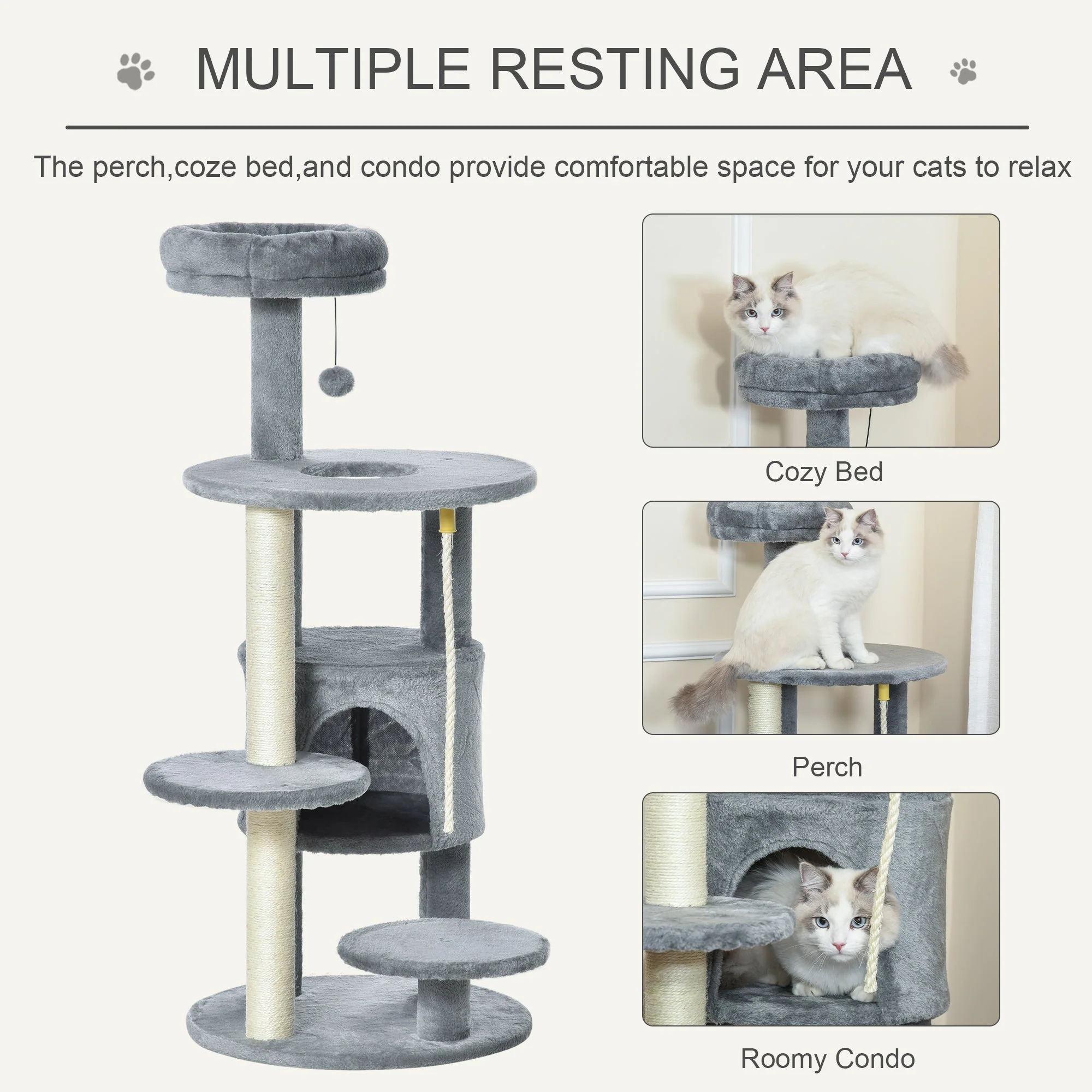 PawHut Cat Tree Tower Activity Center with Hanging Ball Toy Teasing Rope Dark grey - Image 6