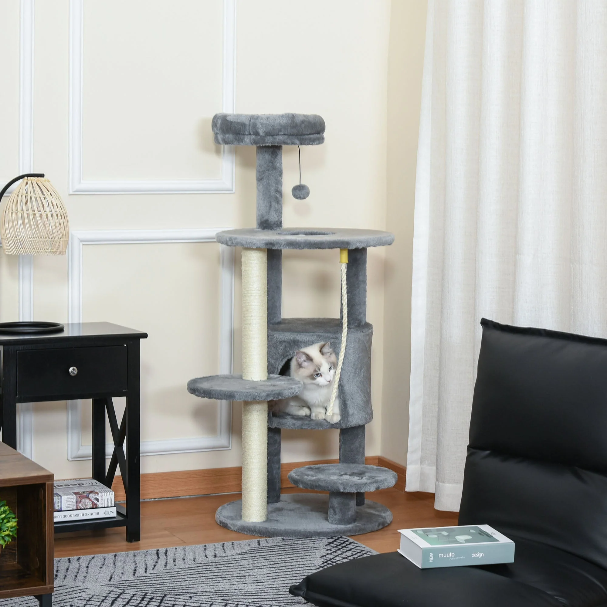 PawHut Cat Tree Tower Activity Center with Hanging Ball Toy Teasing Rope Dark grey - Image 9
