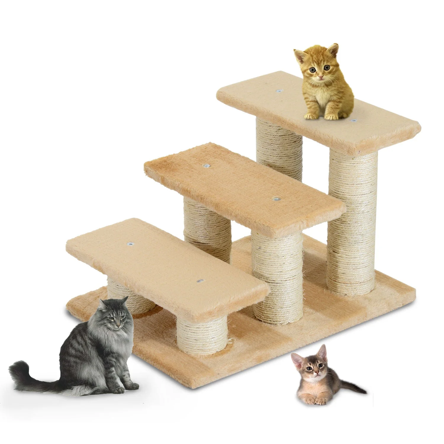 PawHut Cats 3-Tier Particle Board Stair Scratch Tree Beige - Image 4