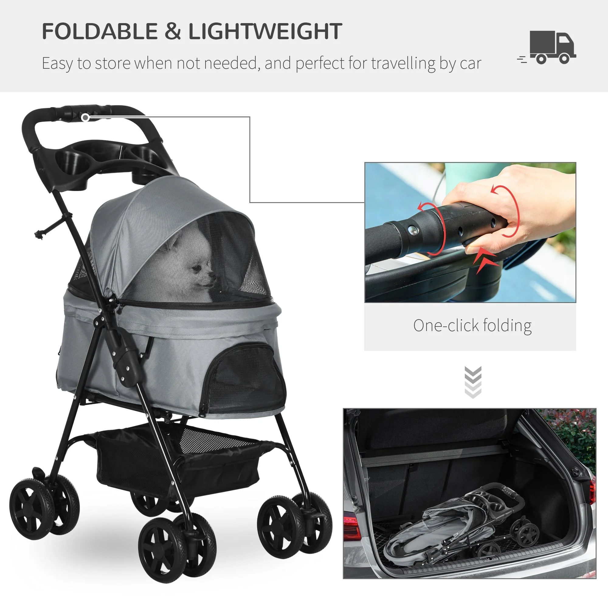 PawHut Dog Stroller Pet Cat Travel Pushchair One-Click Fold Trolley Jogger with EVA Wheels Brake Basket Adjustable Canopy Safety Leash for Small Dogs - Image 7