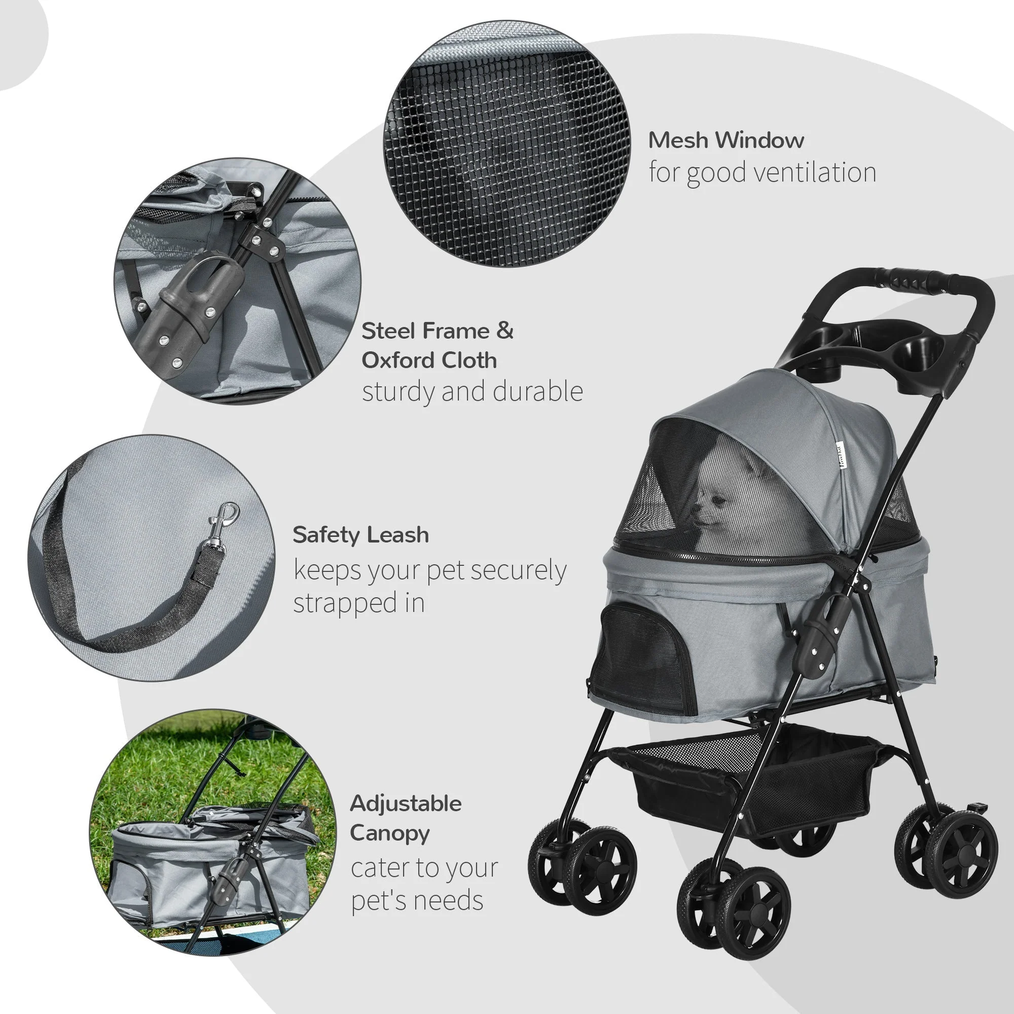 PawHut Dog Stroller Pet Cat Travel Pushchair One-Click Fold Trolley Jogger with EVA Wheels Brake Basket Adjustable Canopy Safety Leash for Small Dogs - Image 8