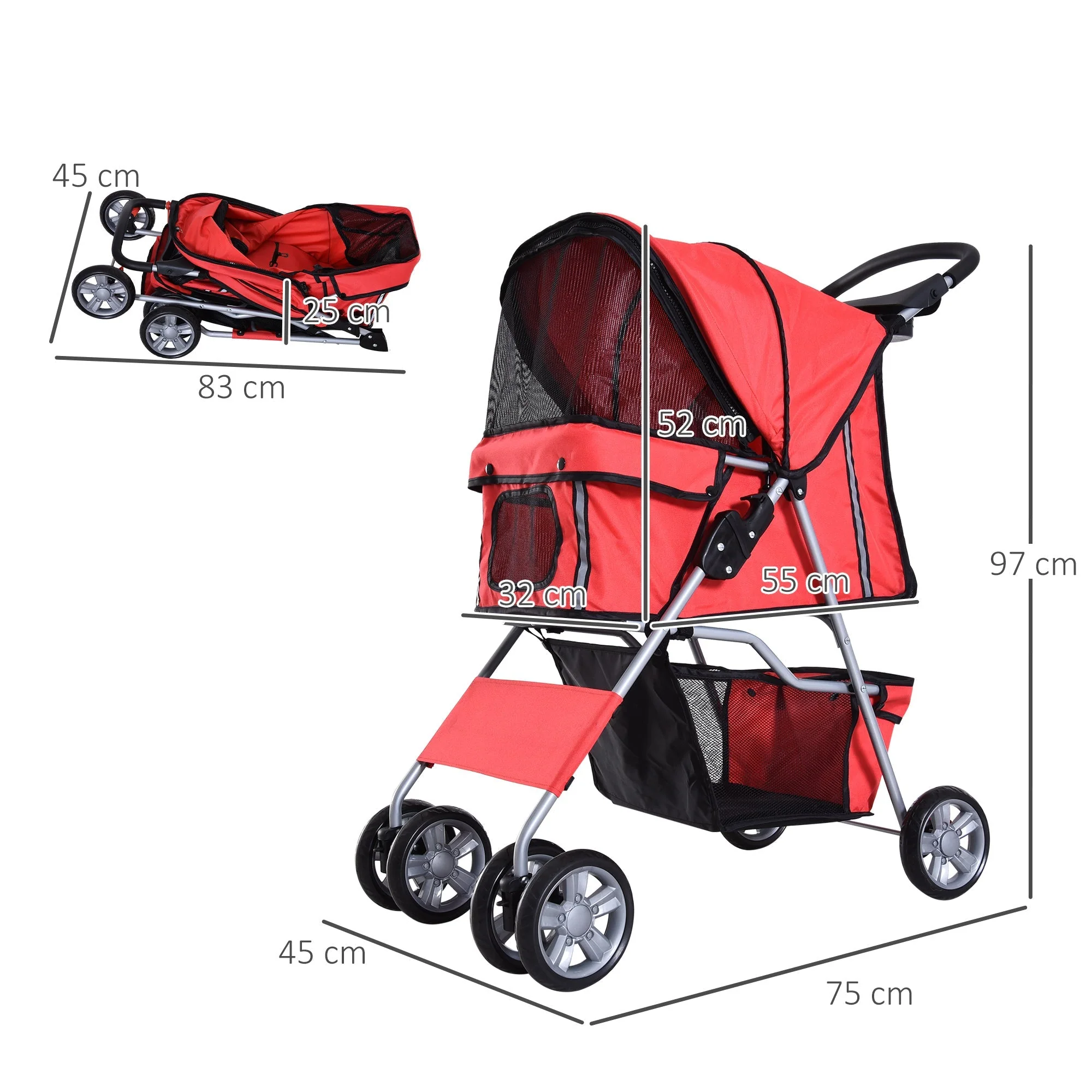 PawHut Dog Stroller Pushchair Pet 600D Oxford Cloth Pram Red - Suitable for Small Pets - Image 4