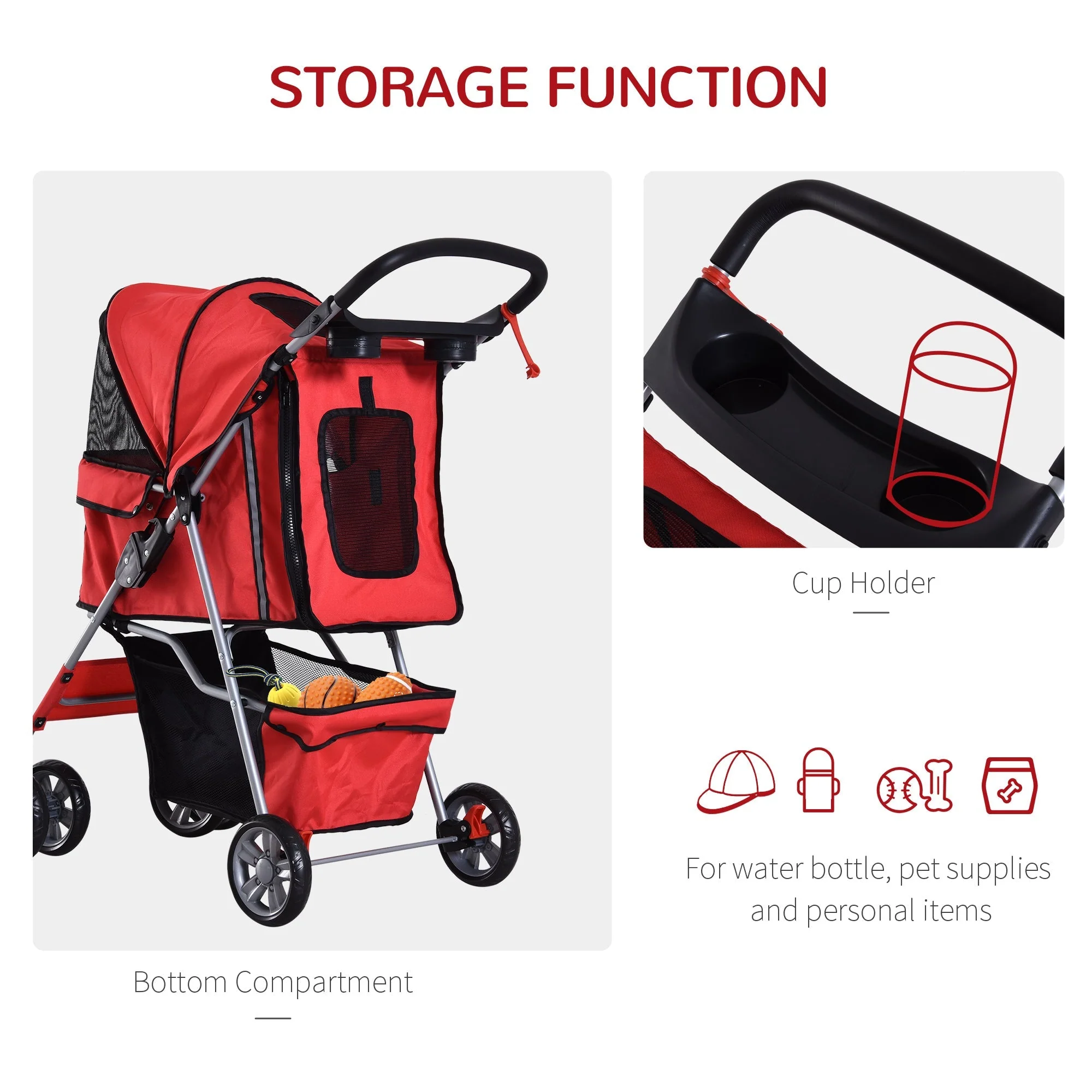 PawHut Dog Stroller Pushchair Pet 600D Oxford Cloth Pram Red - Suitable for Small Pets - Image 6