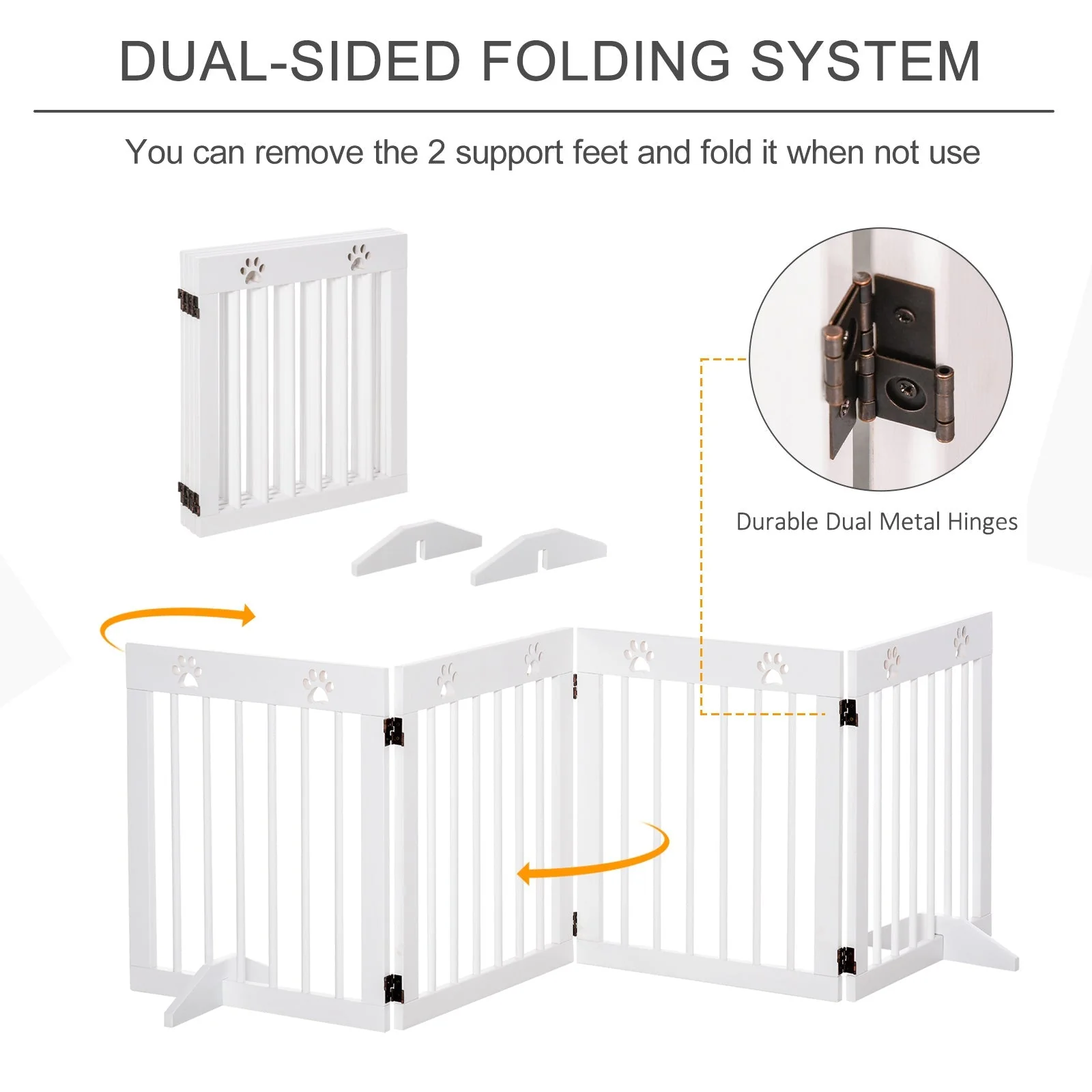 Pawhut Freestanding Pet Gate 4 Panel Wooden Dog Barrier Folding Safety Fence With Support Feet Up To 204cm Long 61cm Tall For Doorway Stairs White - Image 4