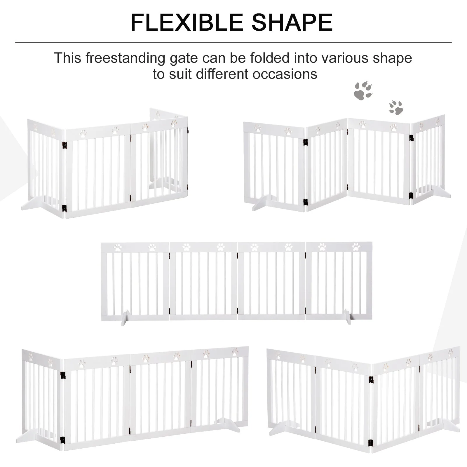 Pawhut Freestanding Pet Gate 4 Panel Wooden Dog Barrier Folding Safety Fence With Support Feet Up To 204cm Long 61cm Tall For Doorway Stairs White - Image 6