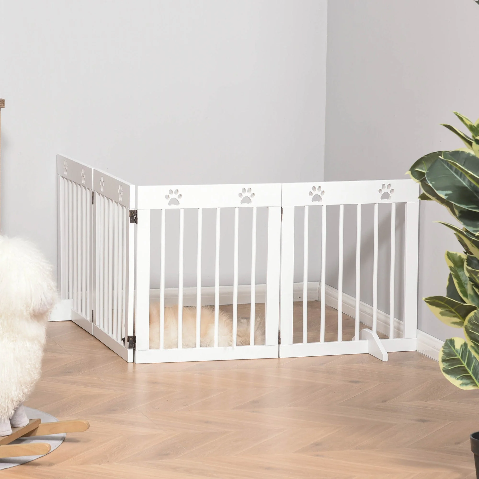 Pawhut Freestanding Pet Gate 4 Panel Wooden Dog Barrier Folding Safety Fence With Support Feet Up To 204cm Long 61cm Tall For Doorway Stairs White - Image 8