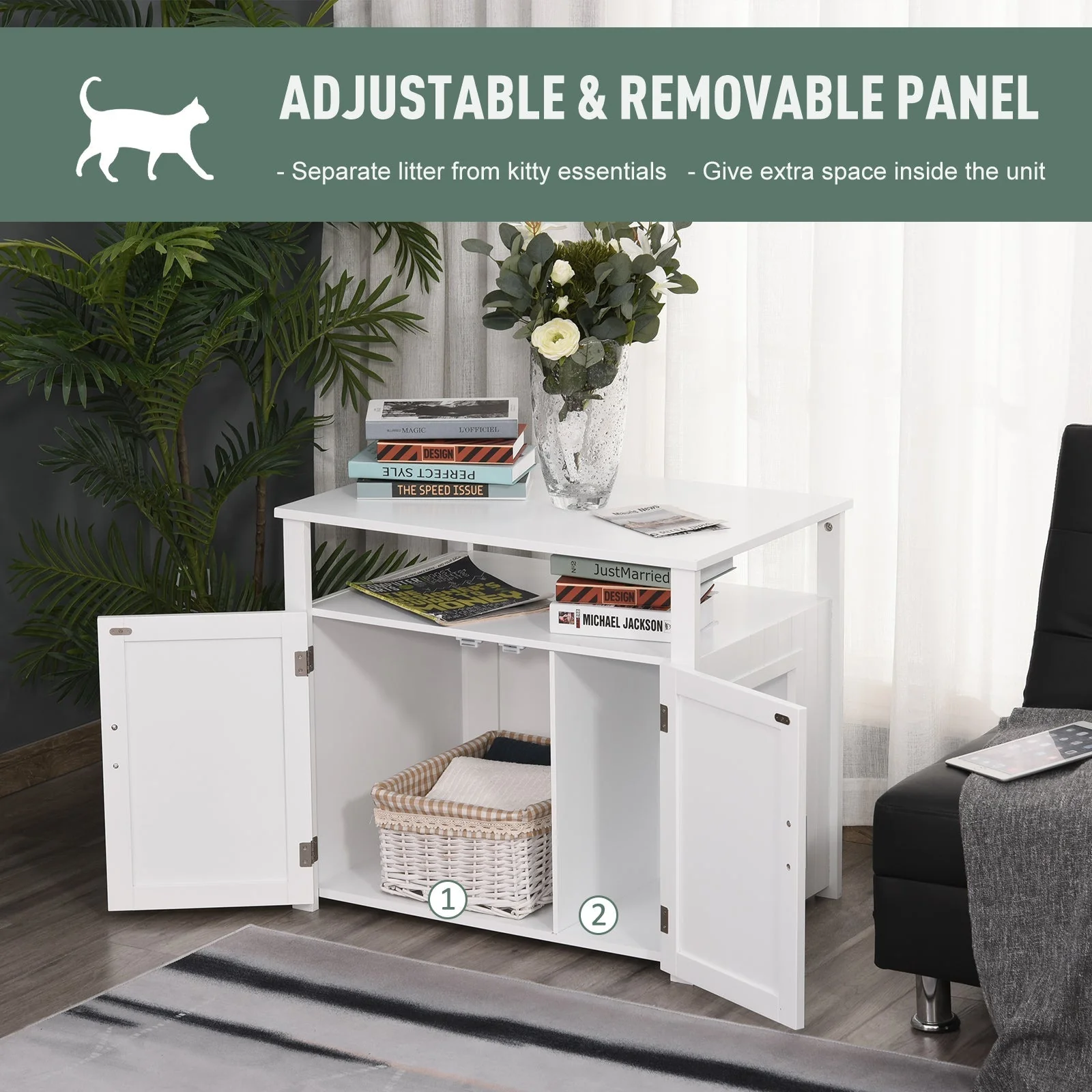 PawHut Inside Tabletop Side Table Cat Box Fixture w/ Magnetic Closing Door - Image 7