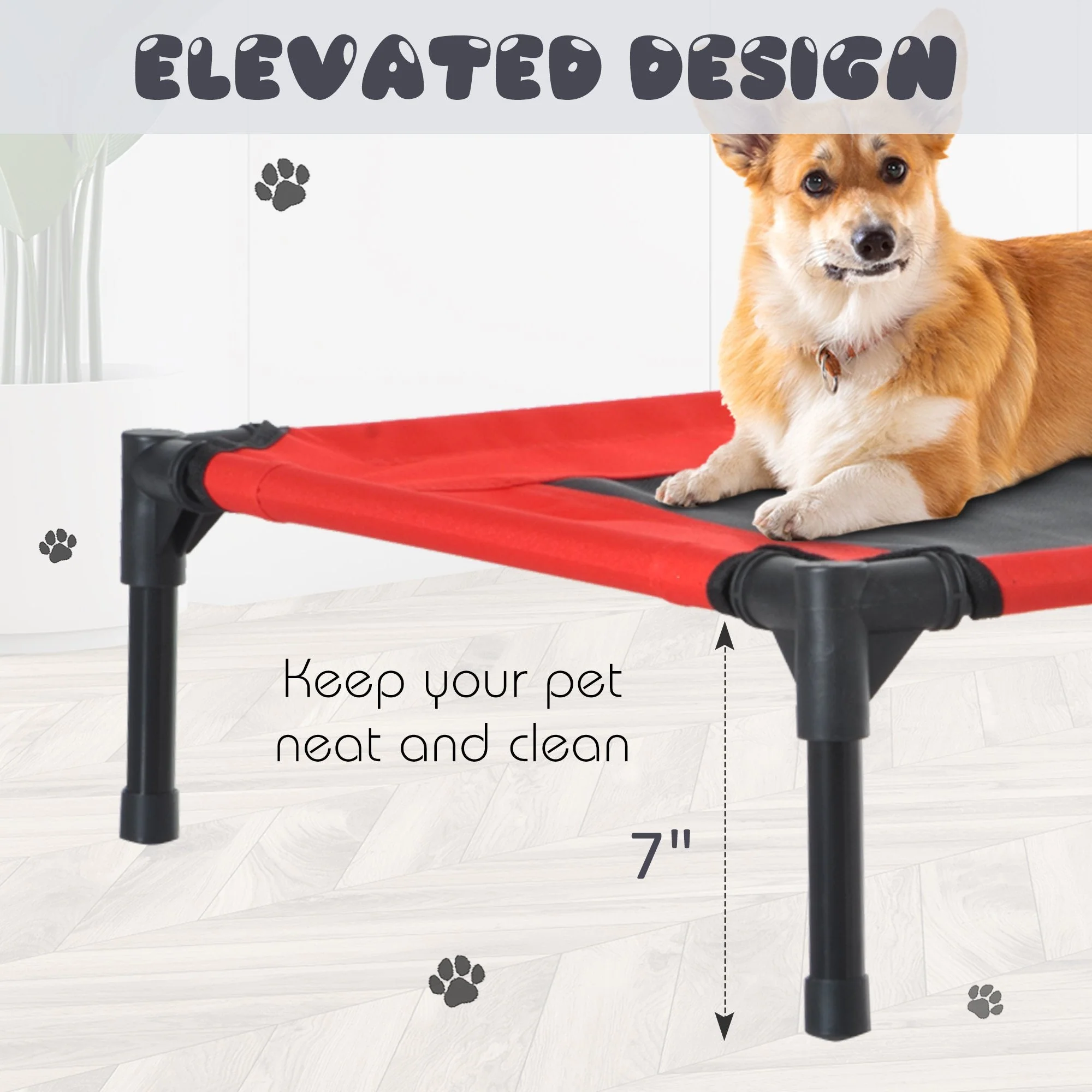Pawhut Medium Elevated Pet Bed 76Lx61Wx18H cm-Black/Red - Image 4