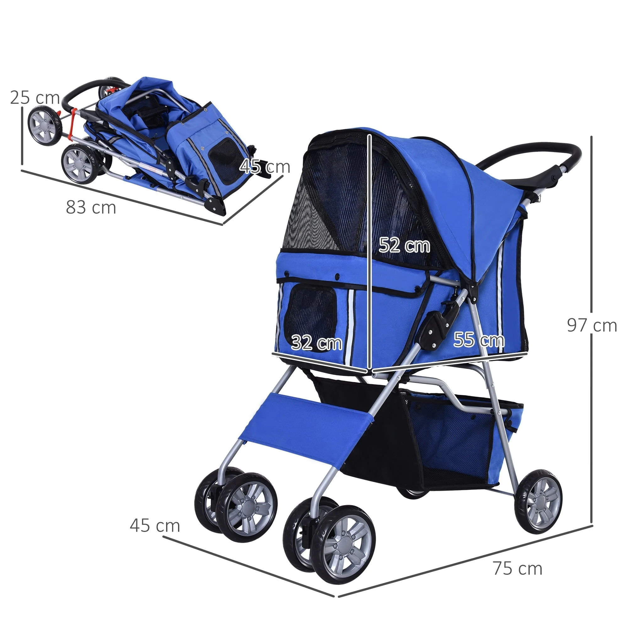 PawHut Pet Stroller for Small Miniature Dogs Cats Foldable Travel Carriage with Wheels Zipper Entry Cup Holder Storage Basket Blue - Image 3