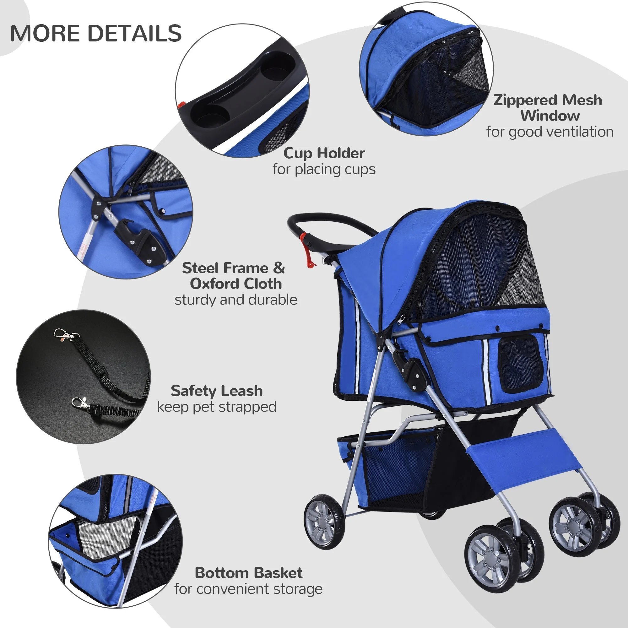 PawHut Pet Stroller for Small Miniature Dogs Cats Foldable Travel Carriage with Wheels Zipper Entry Cup Holder Storage Basket Blue - Image 6