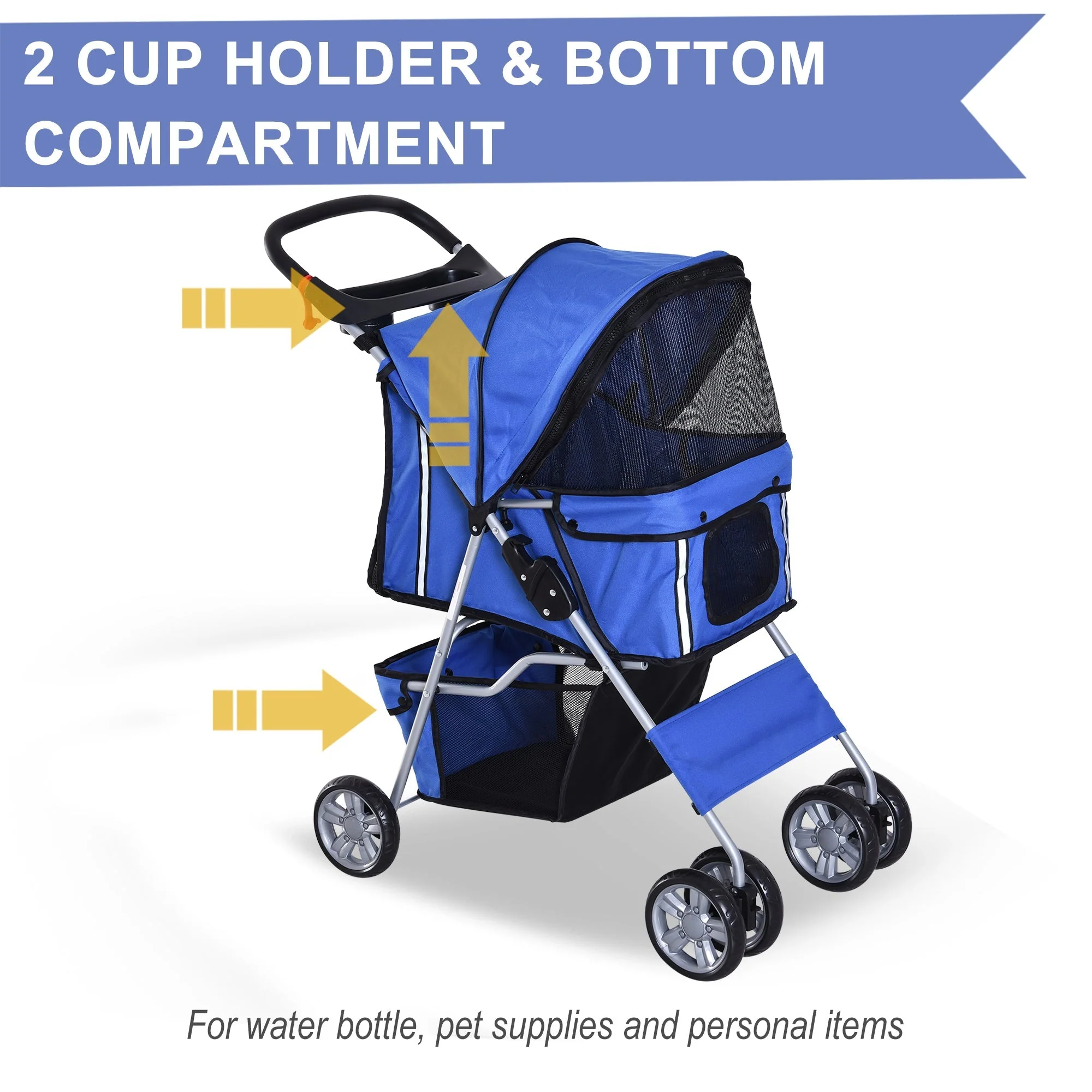 PawHut Pet Stroller for Small Miniature Dogs Cats Foldable Travel Carriage with Wheels Zipper Entry Cup Holder Storage Basket Blue - Image 9