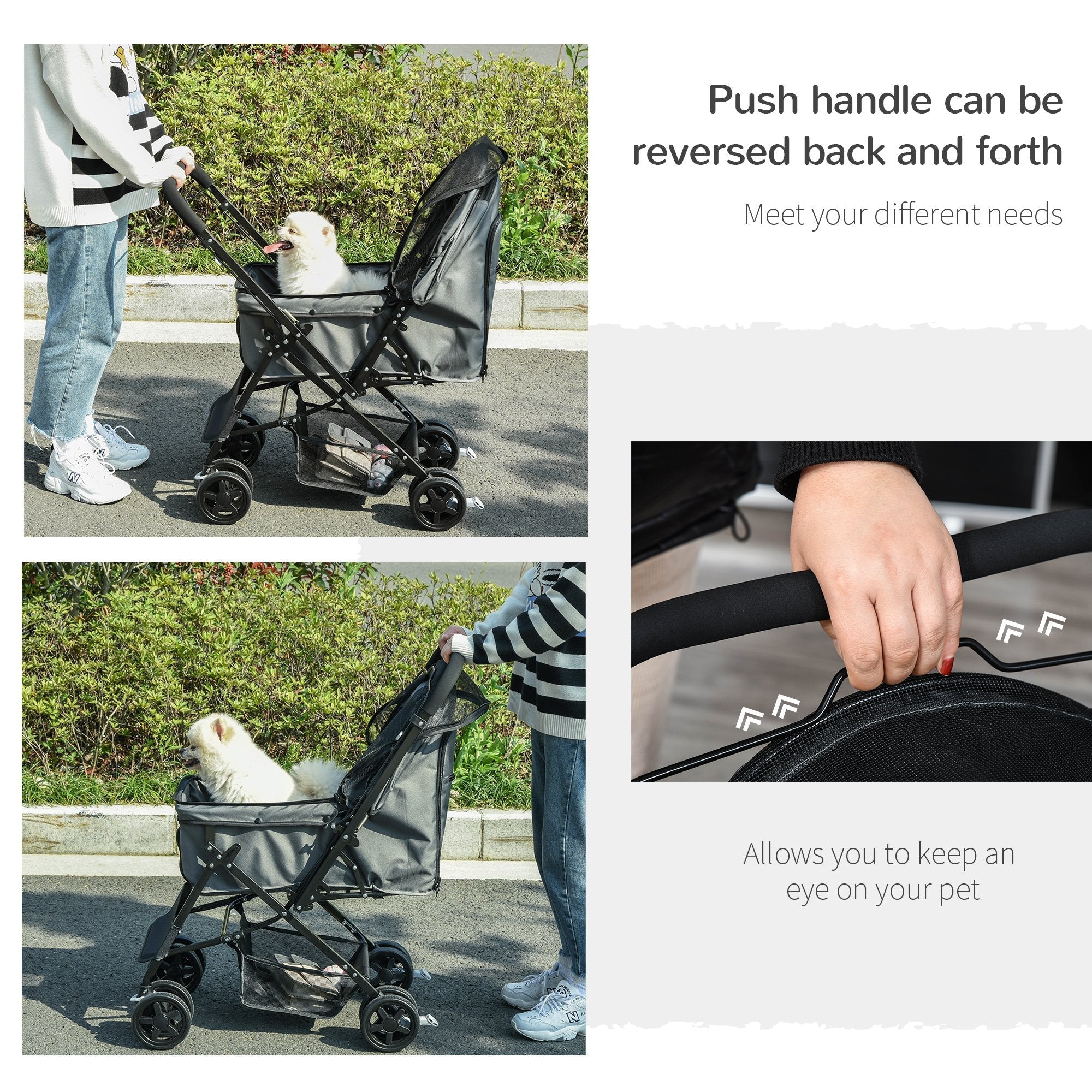 Pawhut Pet Stroller Pushchair Foldable Travel Dog Cat Carriage With Reversible Handle Brake Basket - Image 6