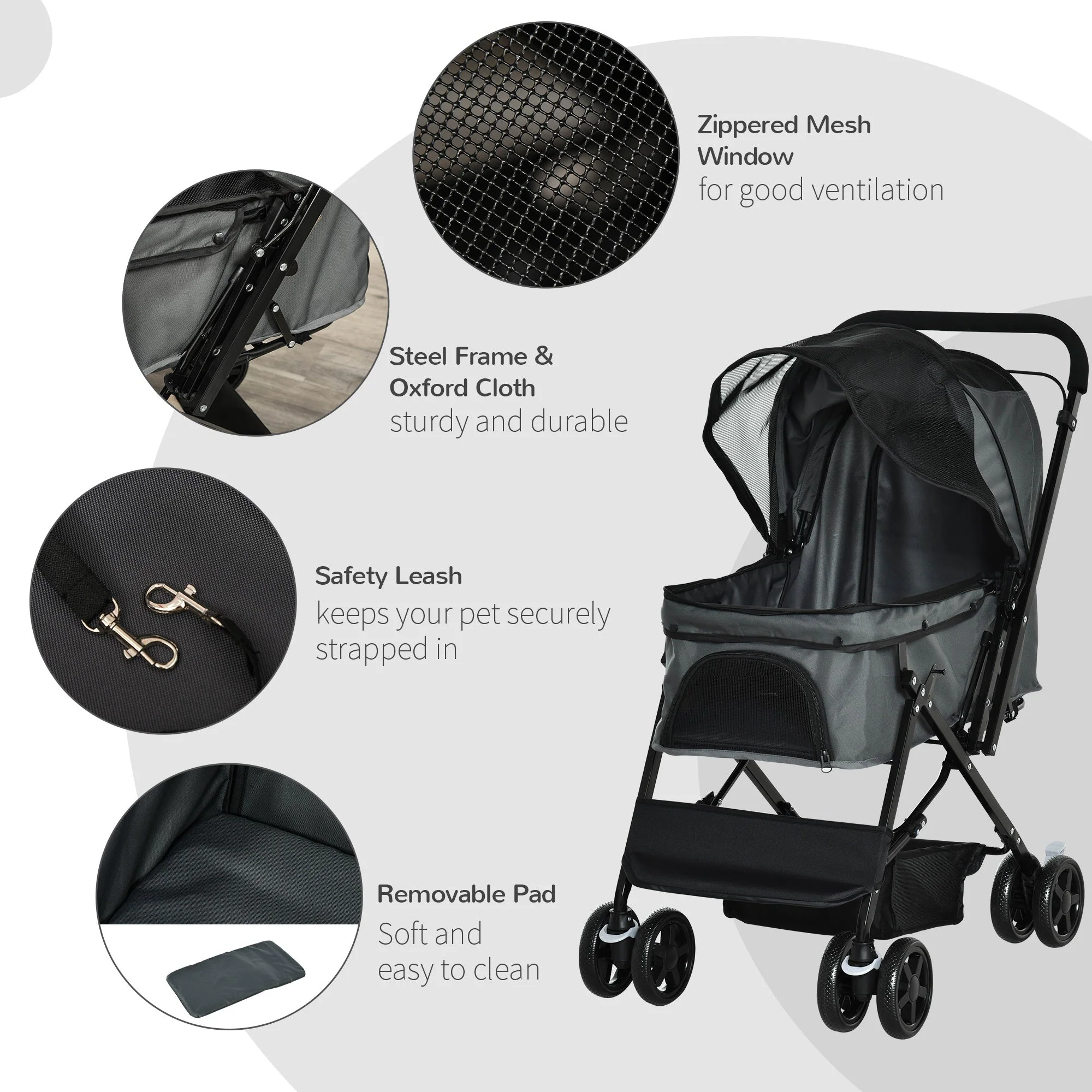 Pawhut Pet Stroller Pushchair Foldable Travel Dog Cat Carriage With Reversible Handle Brake Basket - Image 8