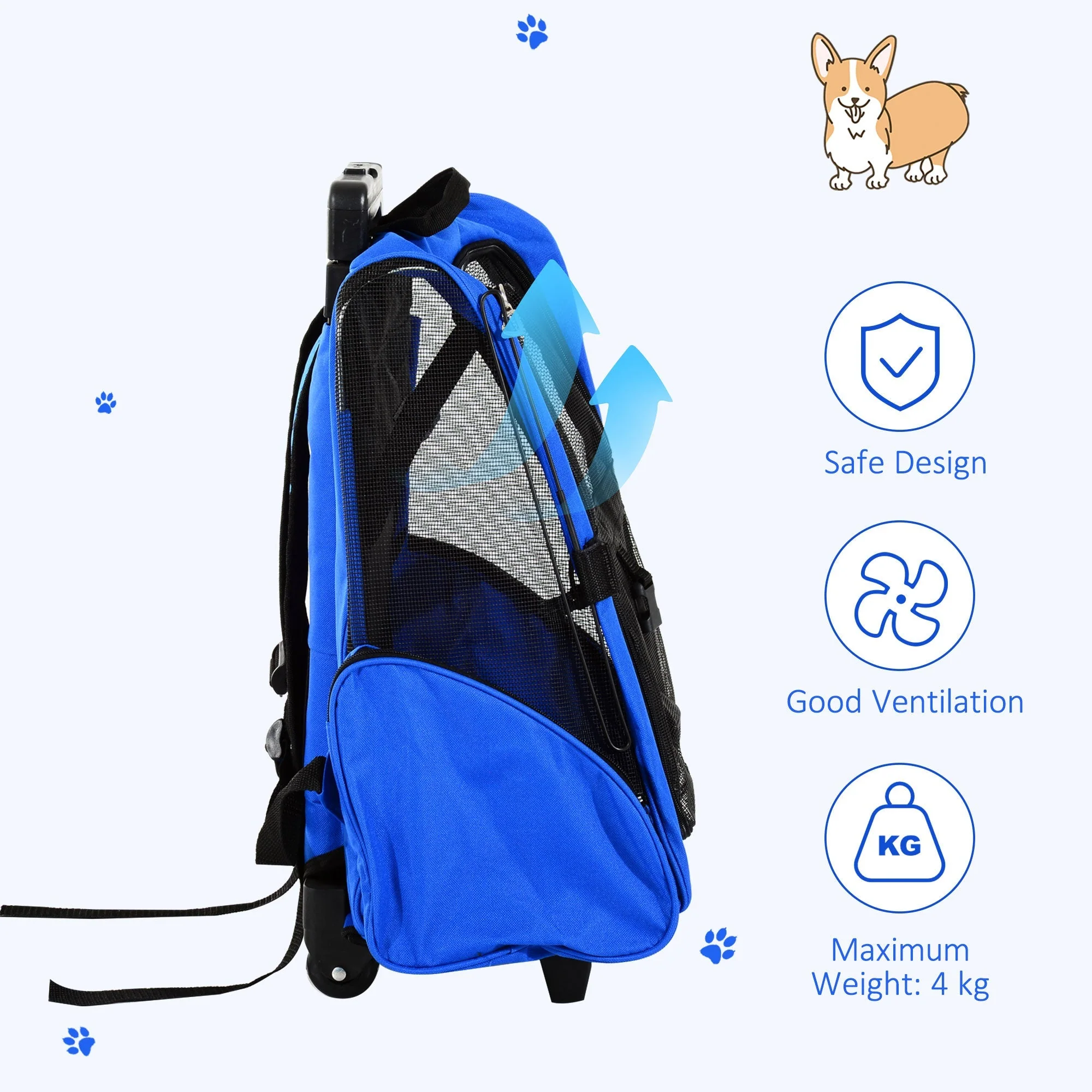 PawHut Pet Travel Backpack Bag Cat Puppy Dog Carrier w/ Trolley and Telescopic Handle Portable Stroller Wheel Luggage Bag Blue - Image 8
