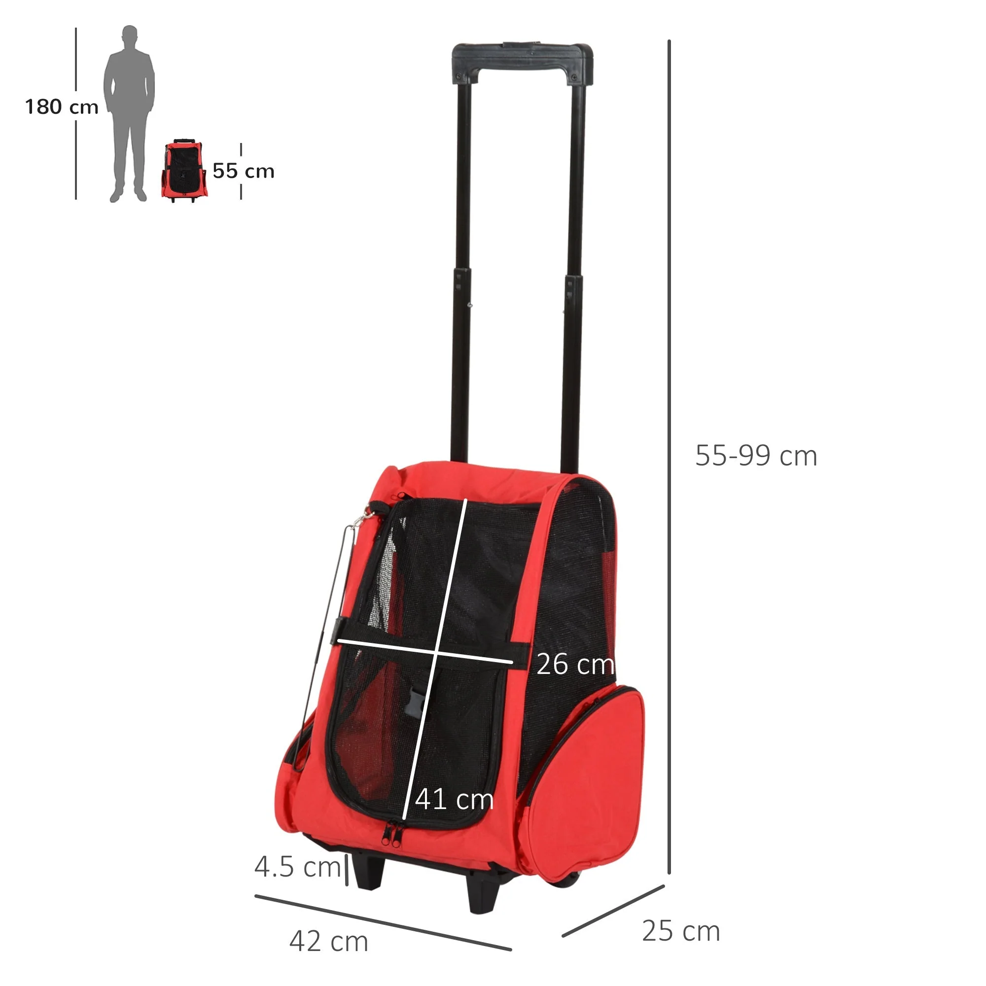 PawHut Pet Travel Backpack Bag Cat Puppy Dog Carrier w/ Trolley and Telescopic Handle Portable Stroller Wheel Luggage Bag (Red) - Image 3