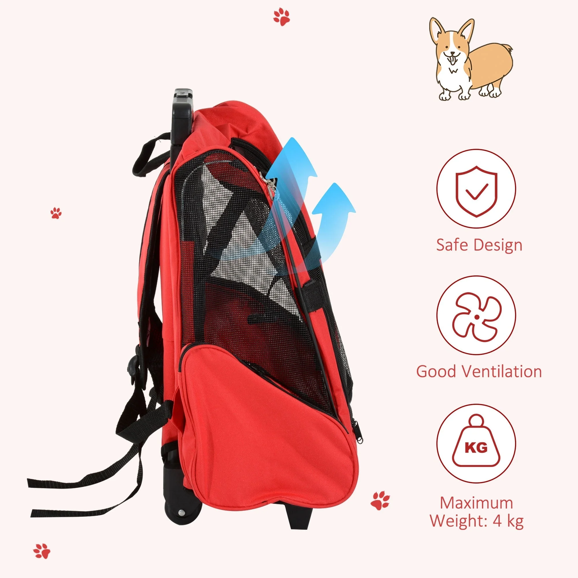 PawHut Pet Travel Backpack Bag Cat Puppy Dog Carrier w/ Trolley and Telescopic Handle Portable Stroller Wheel Luggage Bag (Red) - Image 8